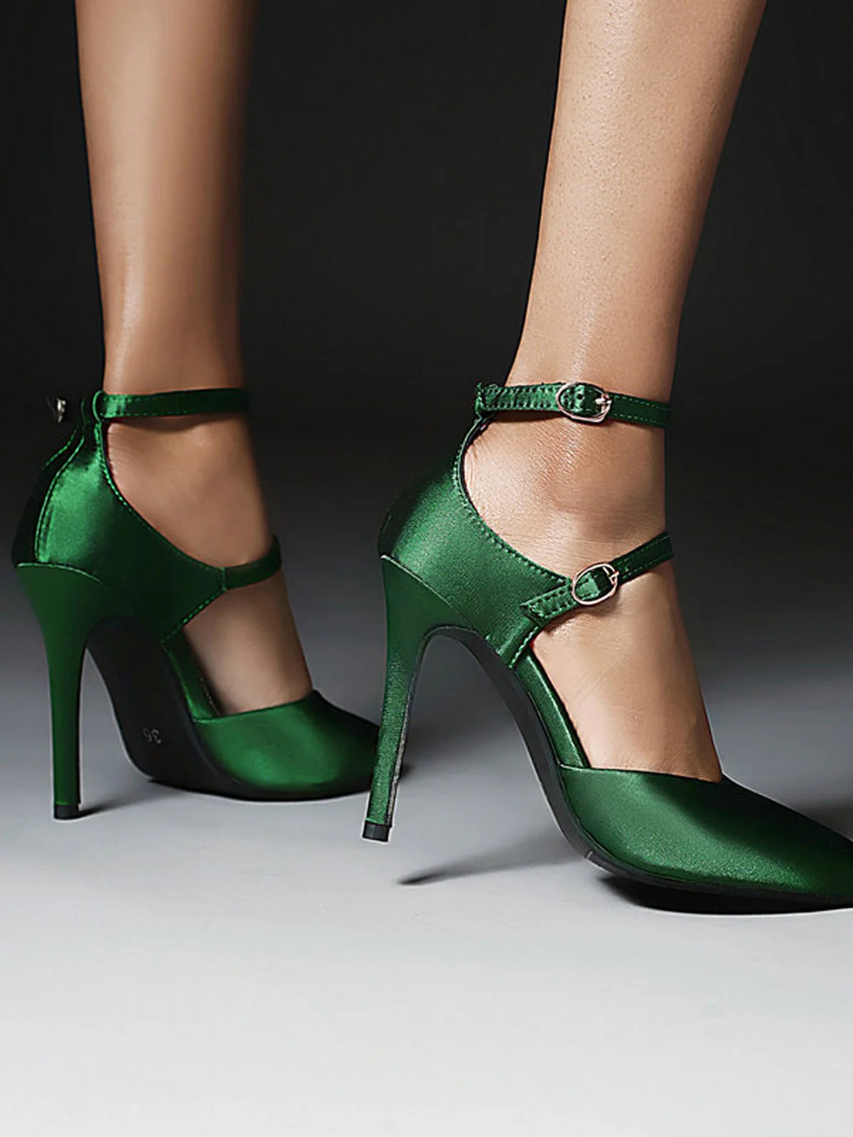 Dunkelgrün Satin Doppelschnalle Gürtel Hoher Absatz Schuhe - Image 3