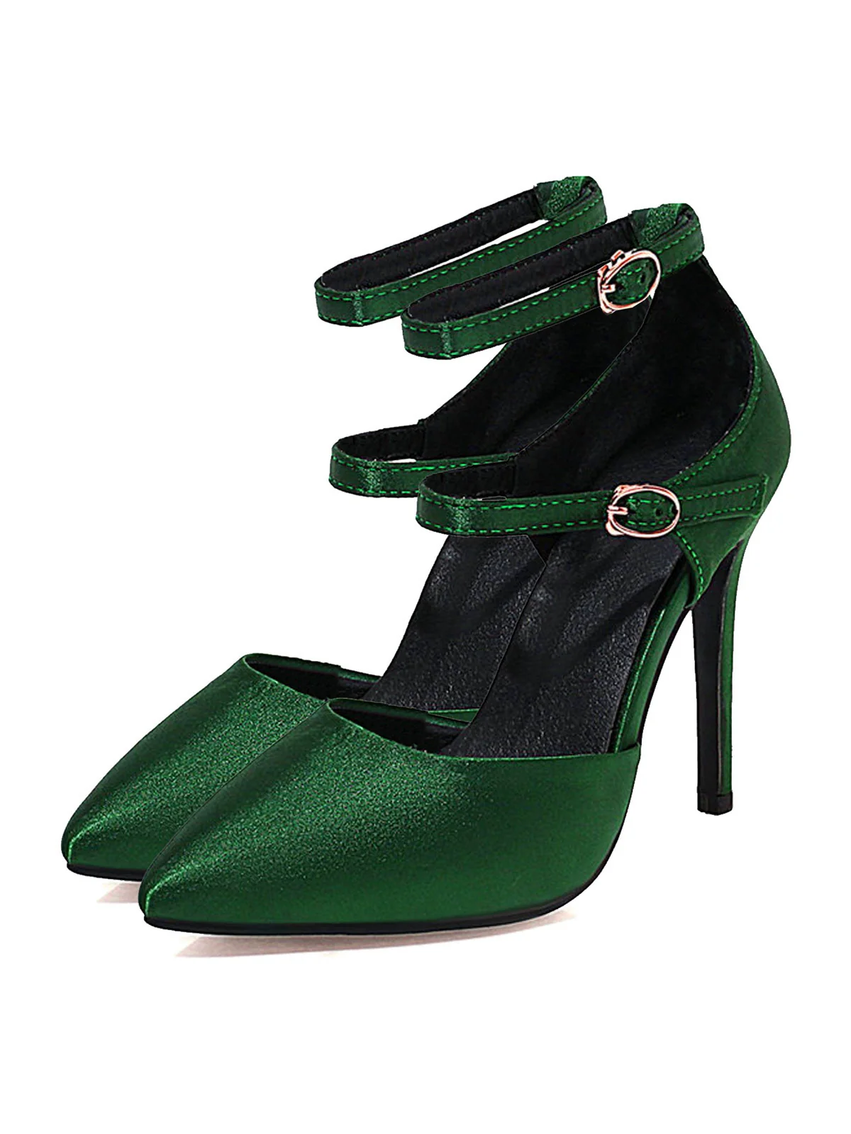 Dunkelgrün Satin Doppelschnalle Gürtel Hoher Absatz Schuhe - Image 4