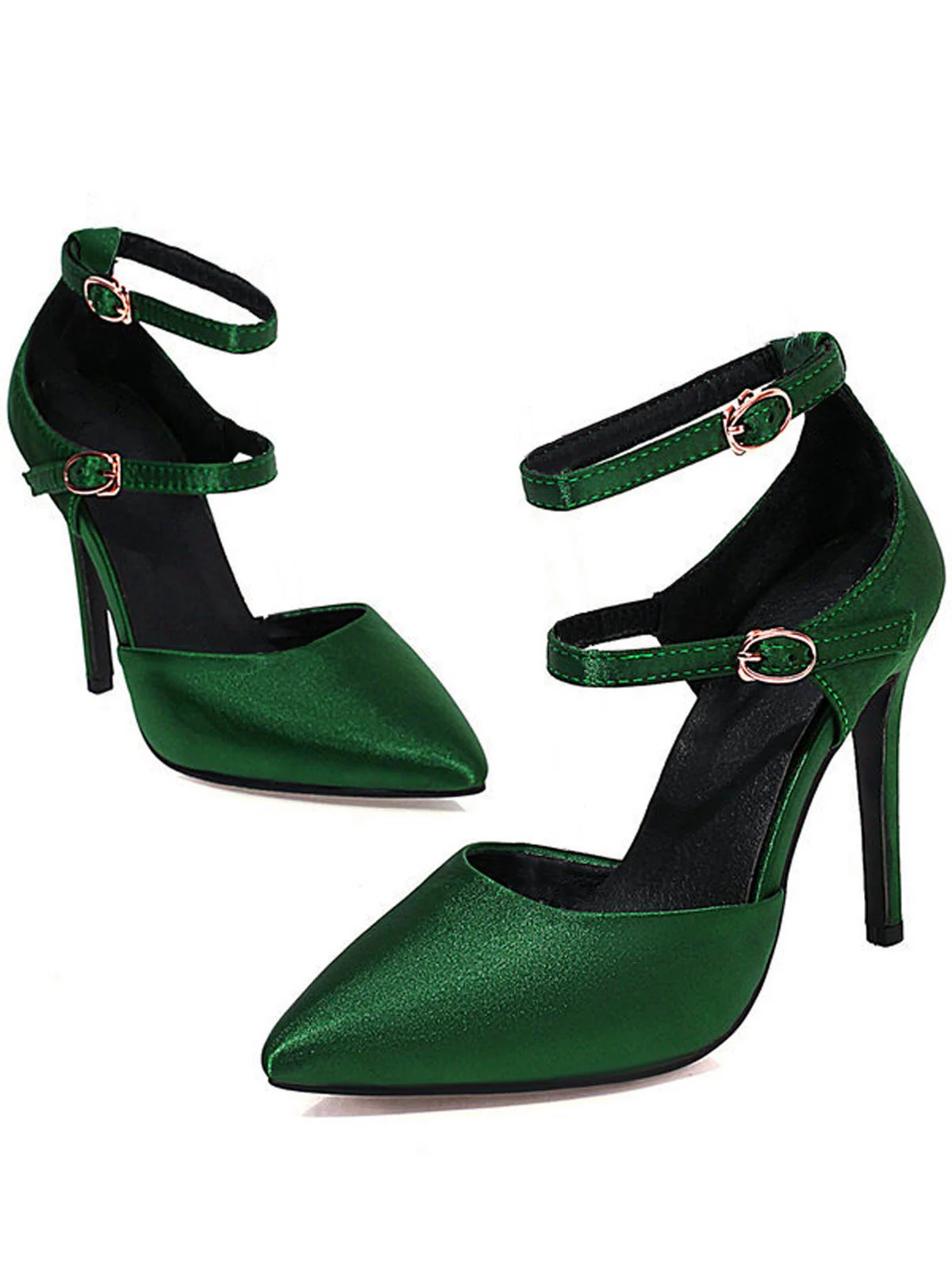 Dunkelgrün Satin Doppelschnalle Gürtel Hoher Absatz Schuhe - Image 5