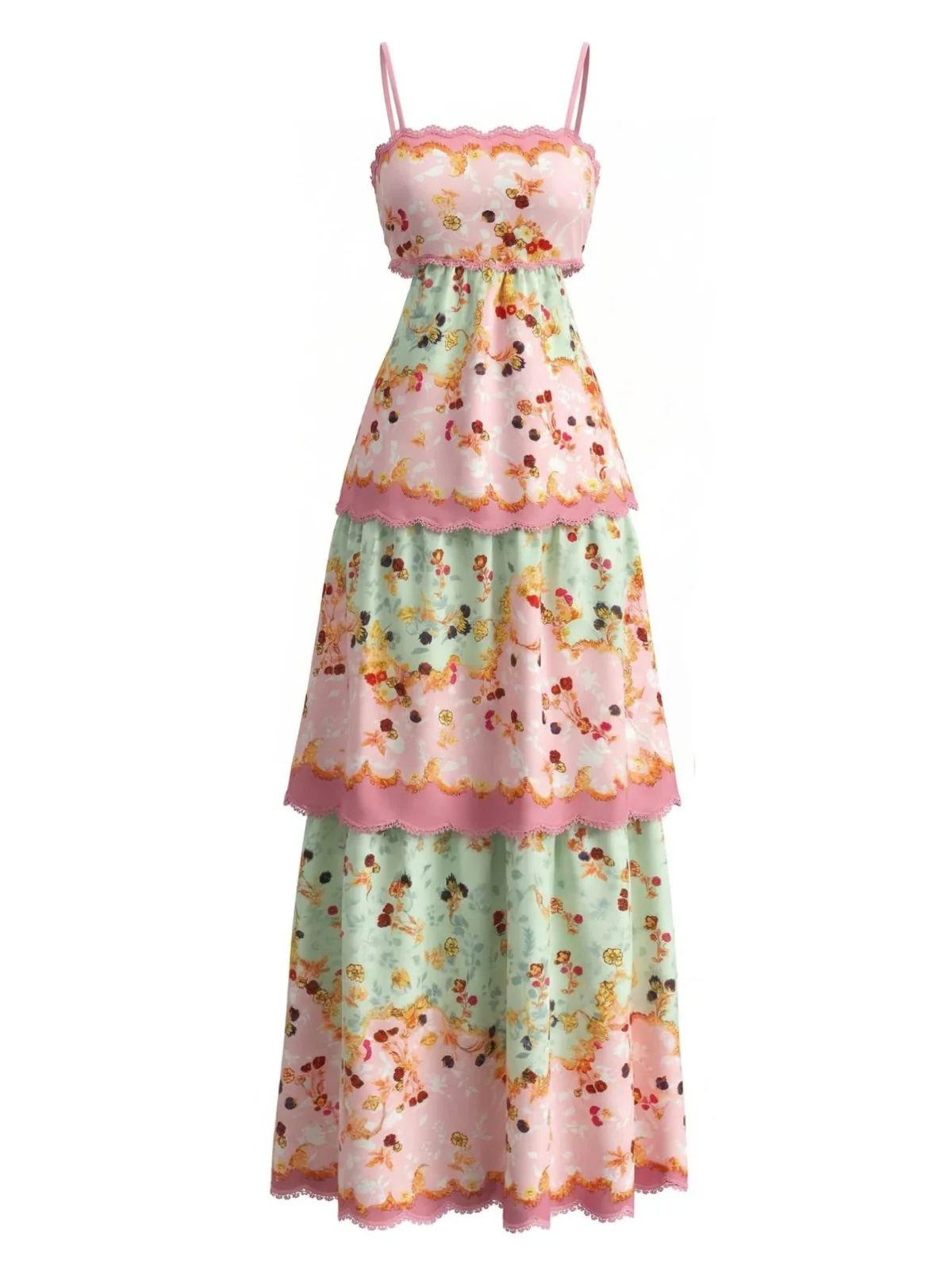 Dunkelrosa 1930er Blumen Gestuft Maxi Kleid - Image 2