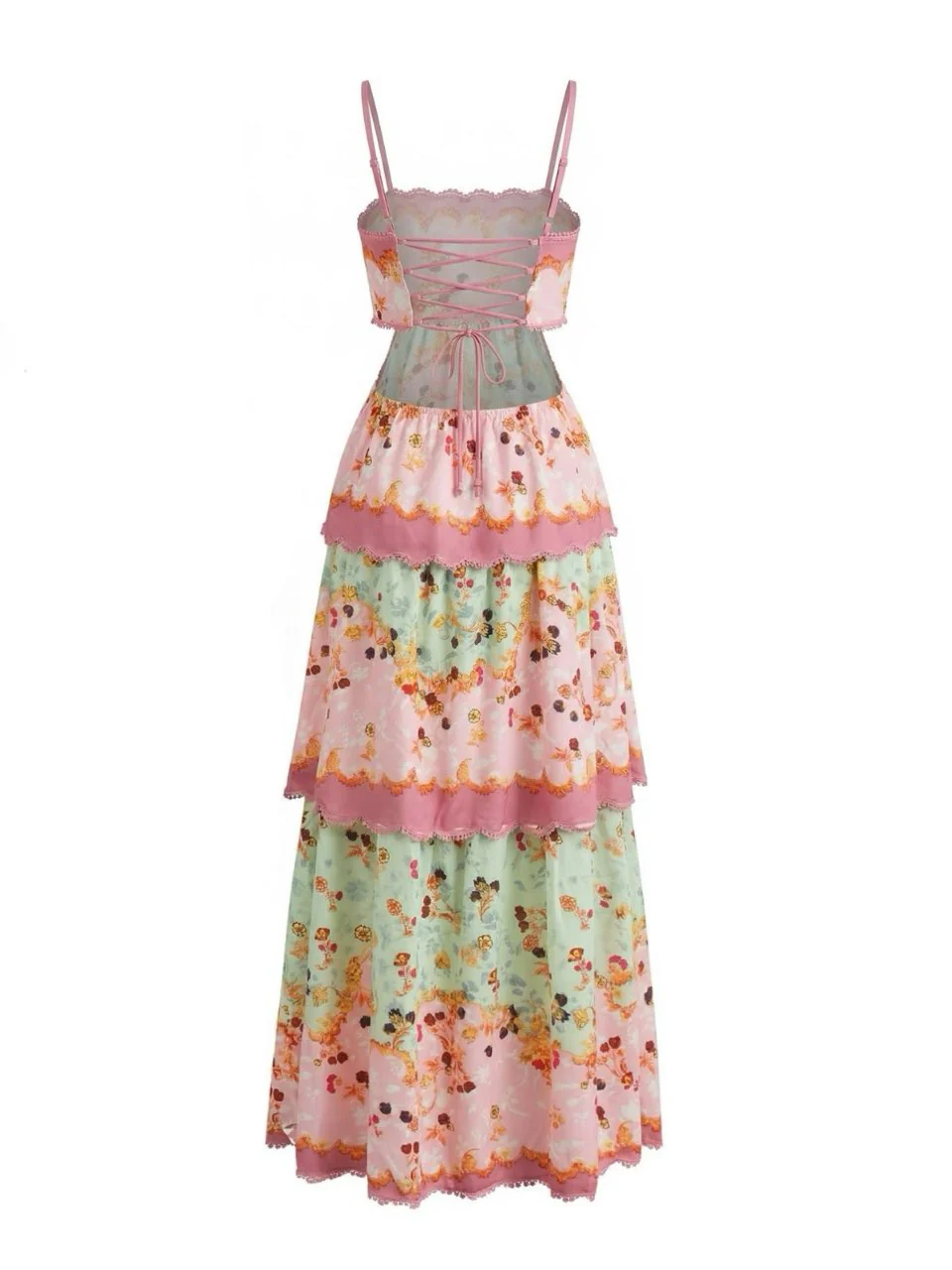 Dunkelrosa 1930er Blumen Gestuft Maxi Kleid - Image 3