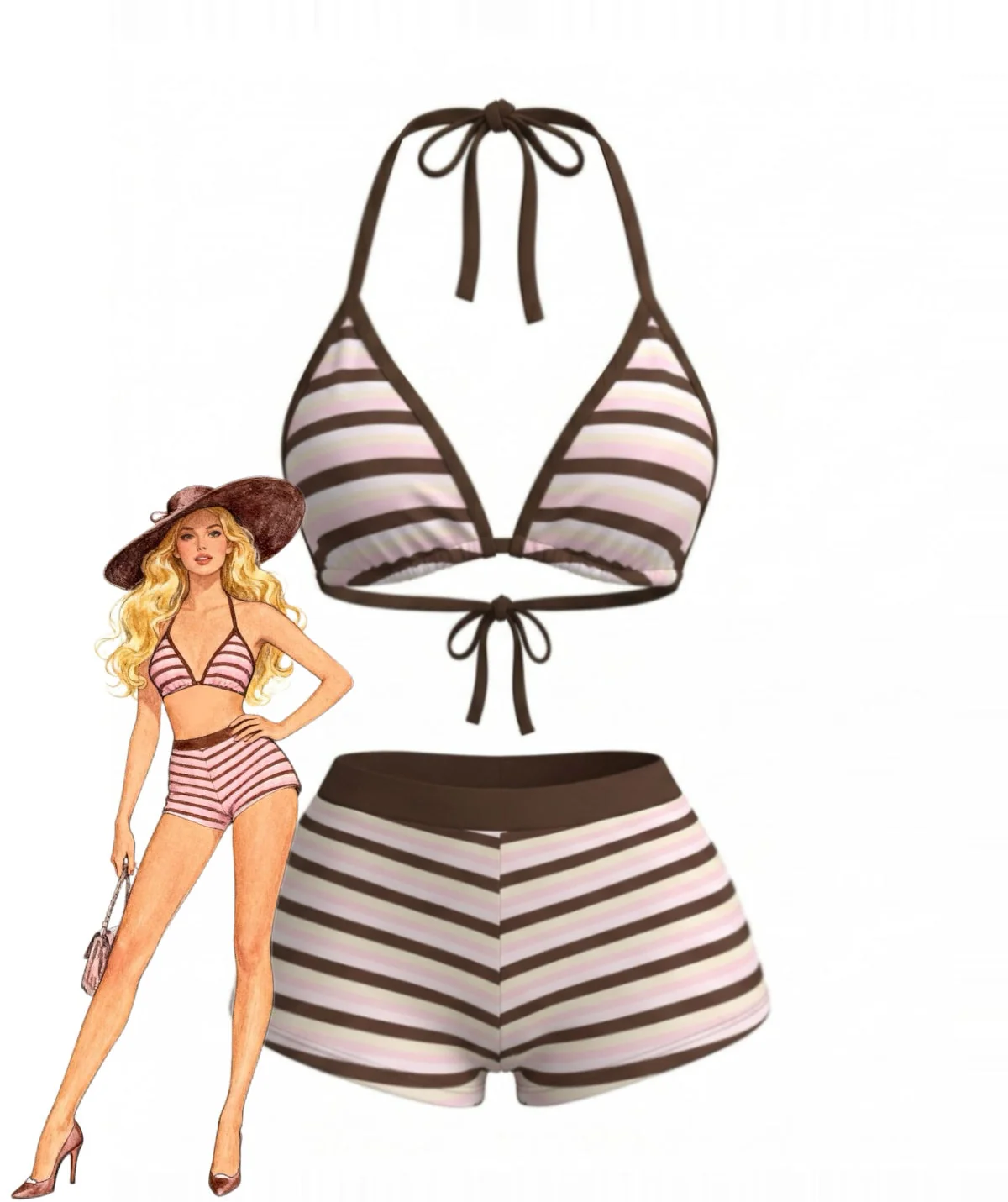 Dunkelrosa 80er Bikini-Set mit Streifen und Schnürung
