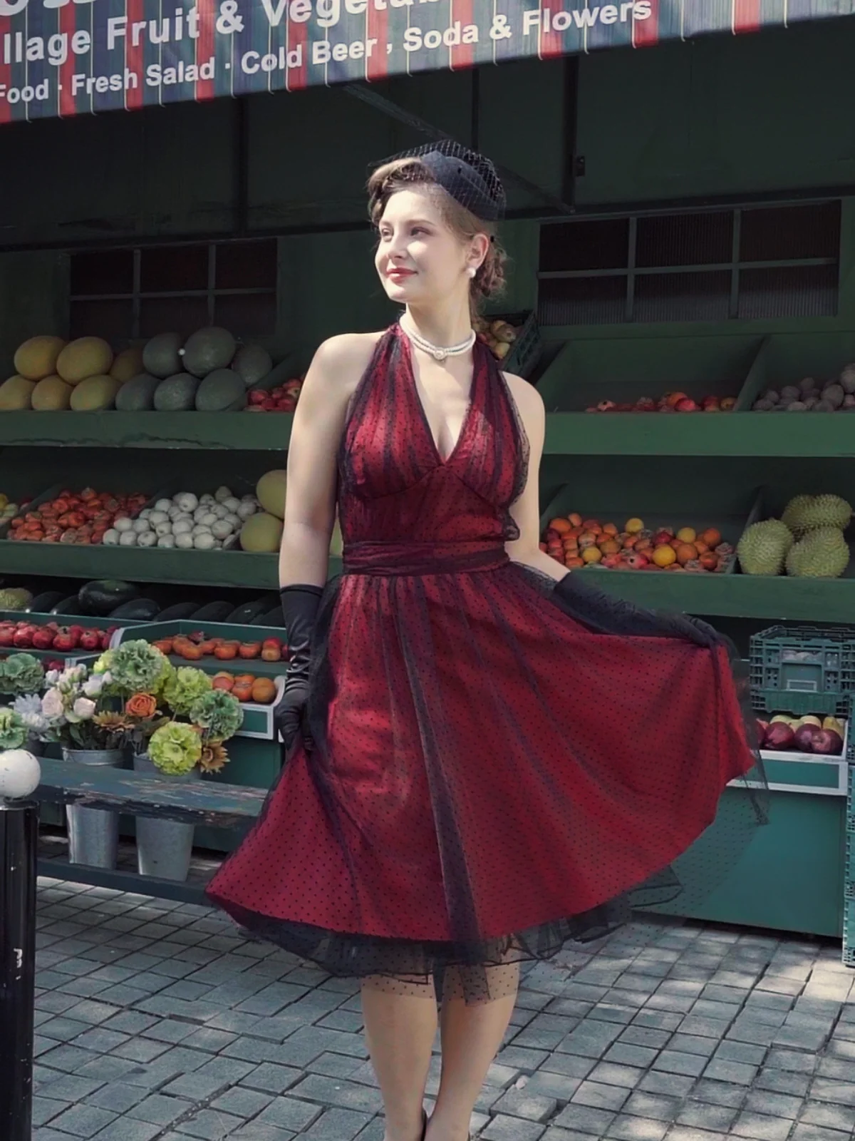 Dunkelrot 1950er Tupfen Netz Swing Kleid