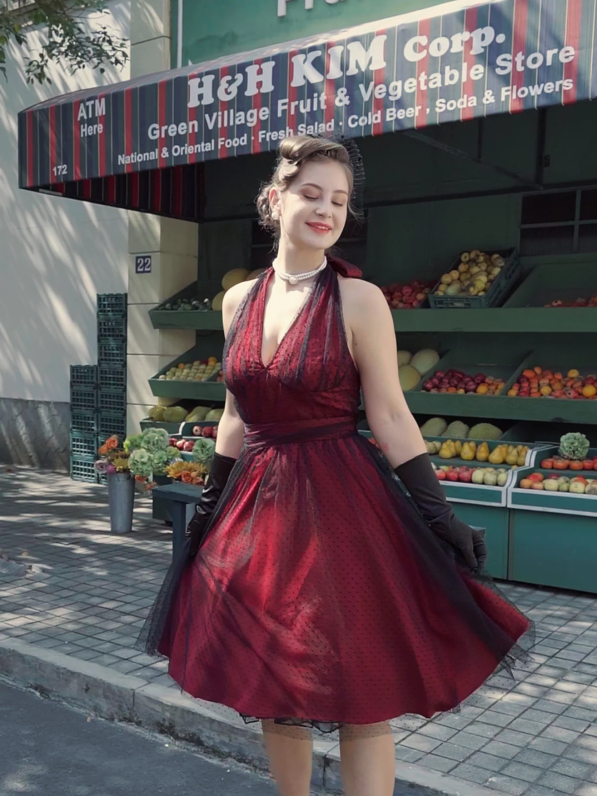 Dunkelrot 1950er Tupfen Netz Swing Kleid - Image 2