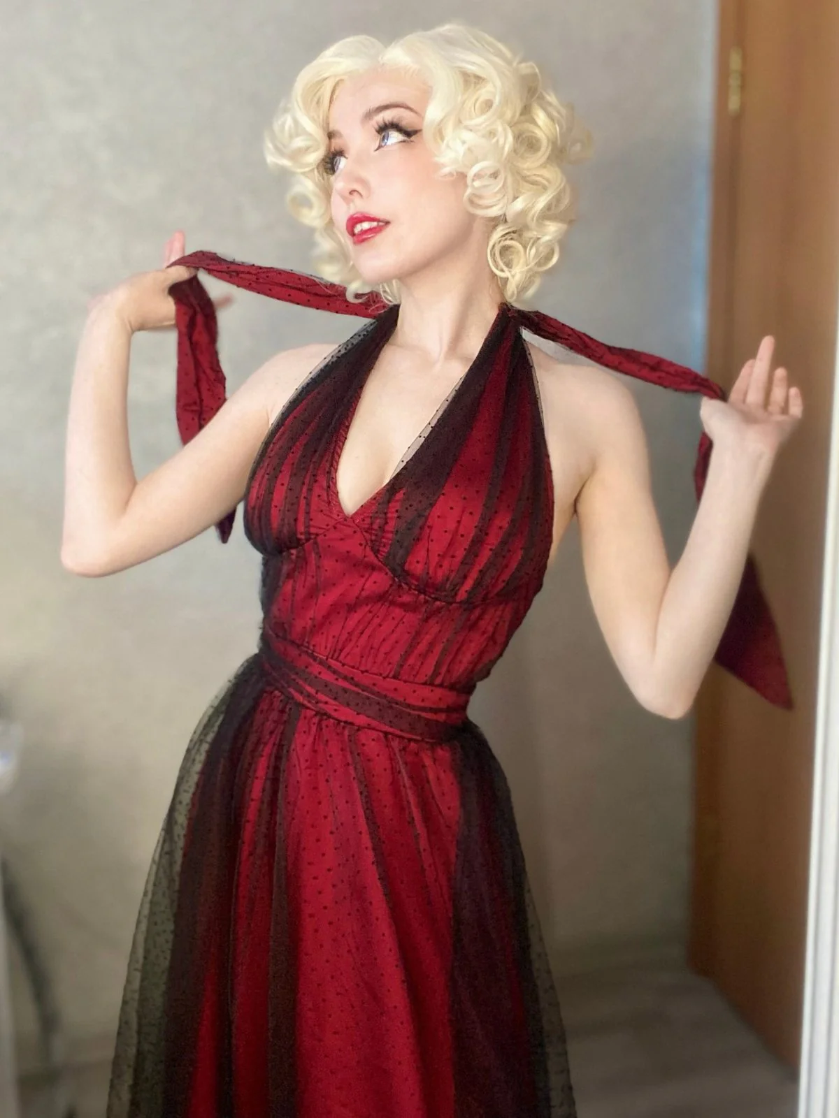 Dunkelrot 1950er Tupfen Netz Swing Kleid - Image 2