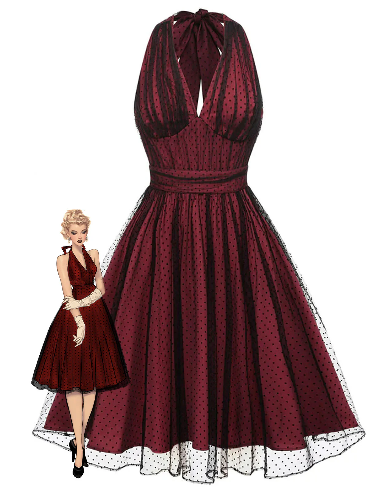 Dunkelrot 1950er Tupfen Netz Swing Kleid - Image 3