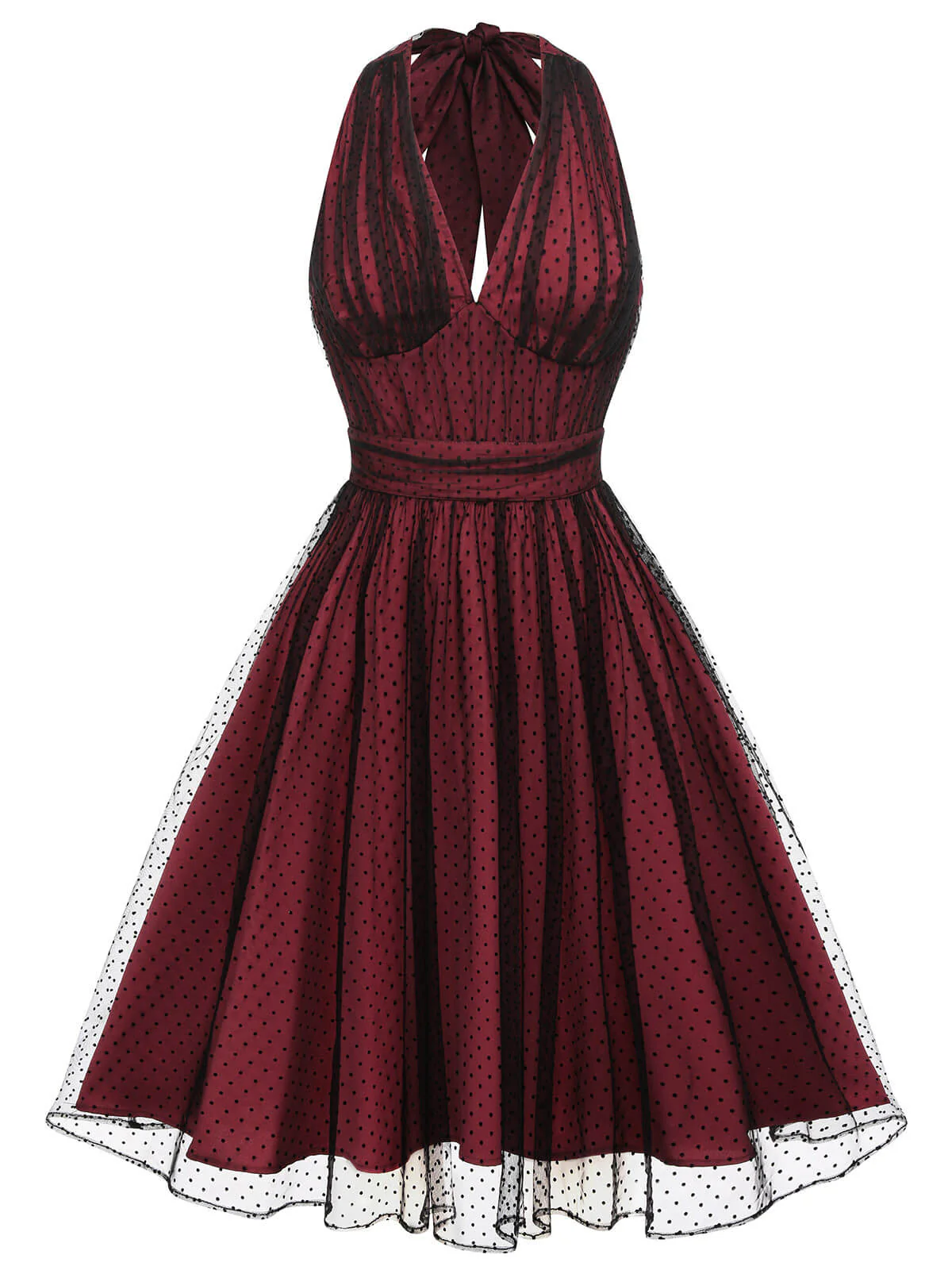 Dunkelrot 1950er Tupfen Netz Swing Kleid - Image 4