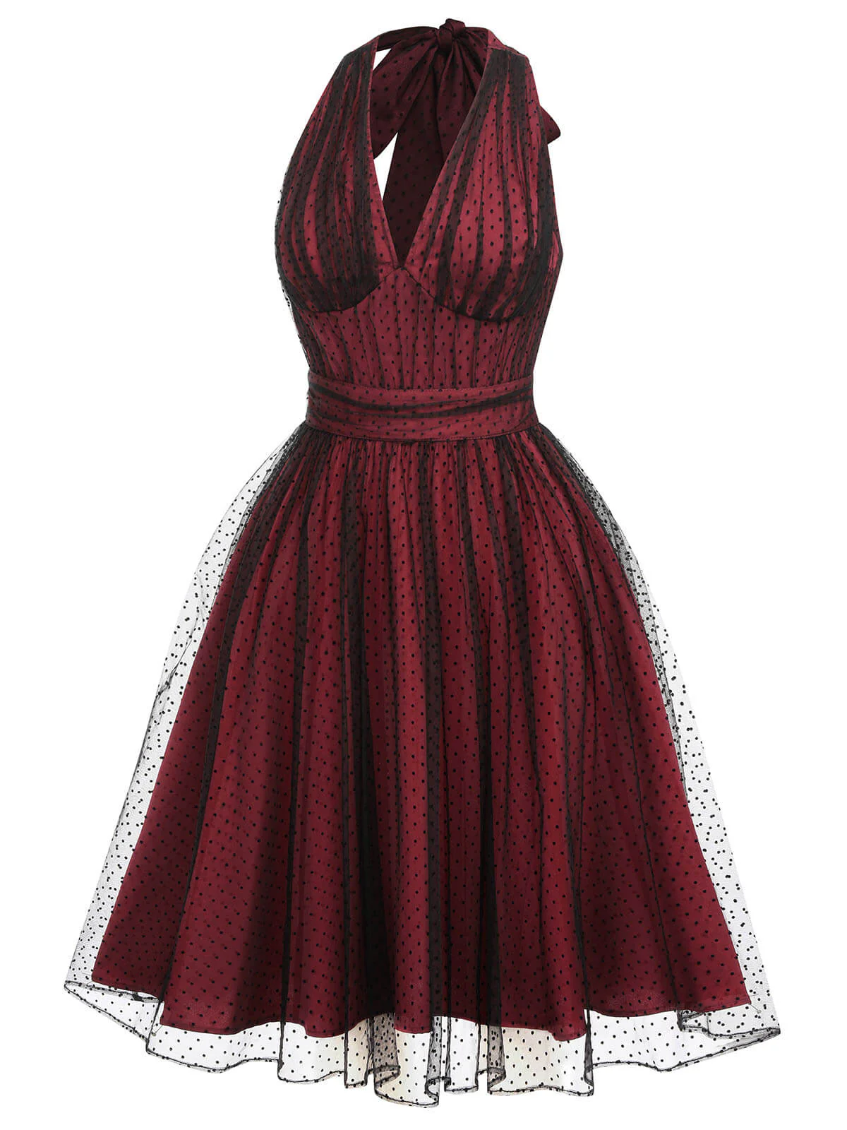Dunkelrot 1950er Tupfen Netz Swing Kleid - Image 5