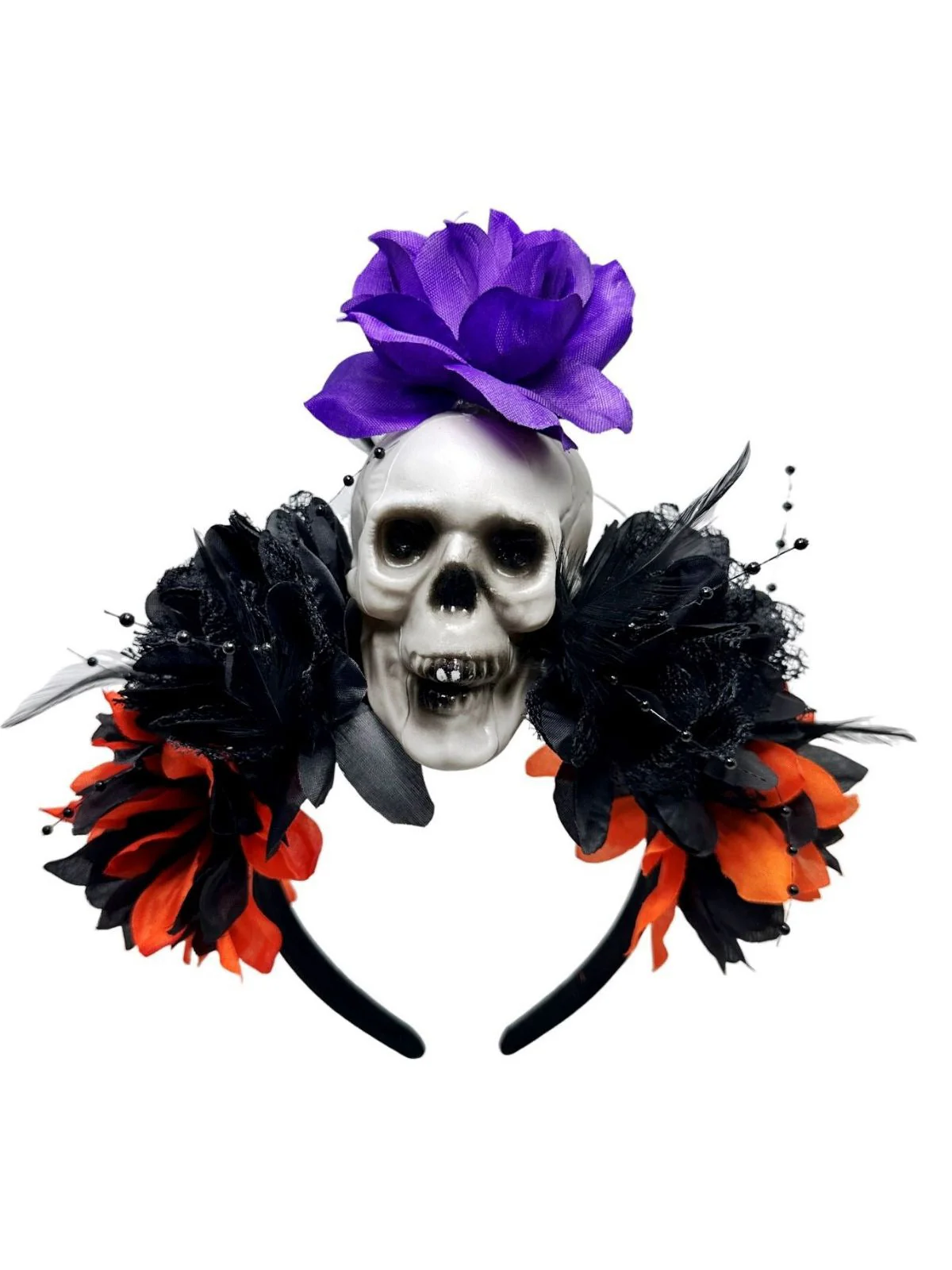 Dunkler Horror Schädel Feder 3D-Blumen Stirnband - Image 4