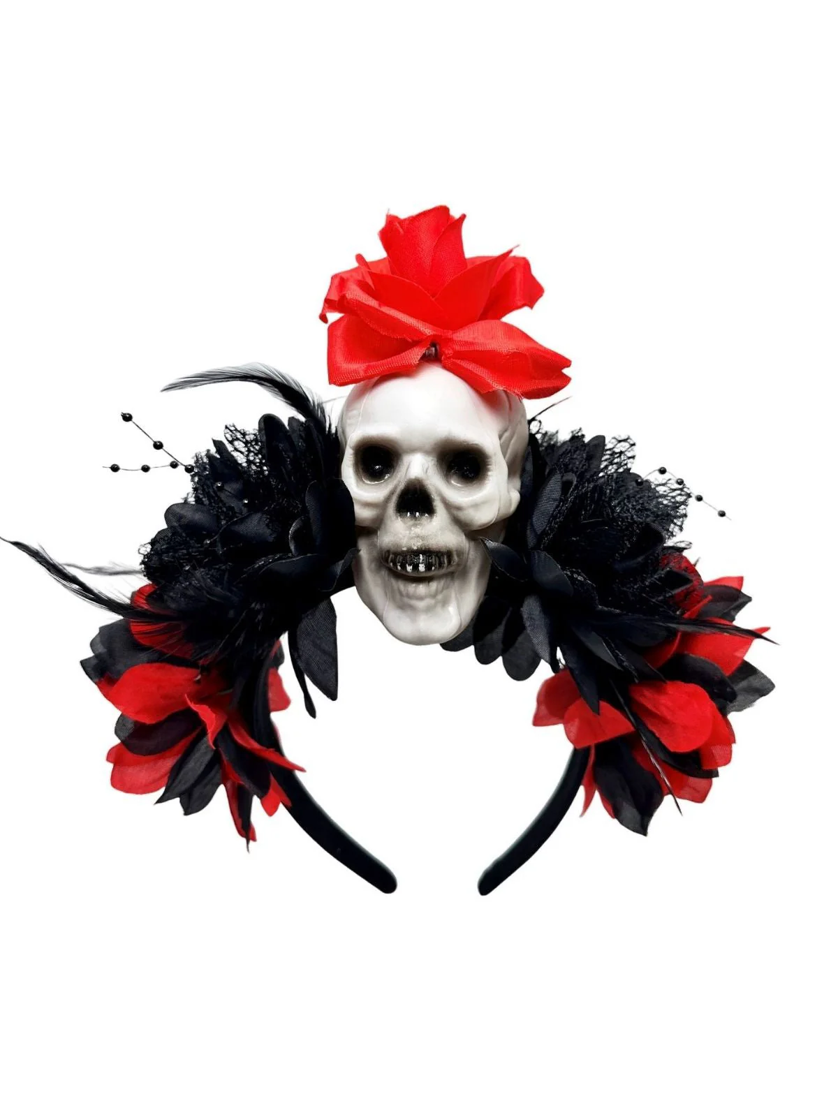 Dunkler Horror Schädel Feder 3D-Blumen Stirnband - Image 5