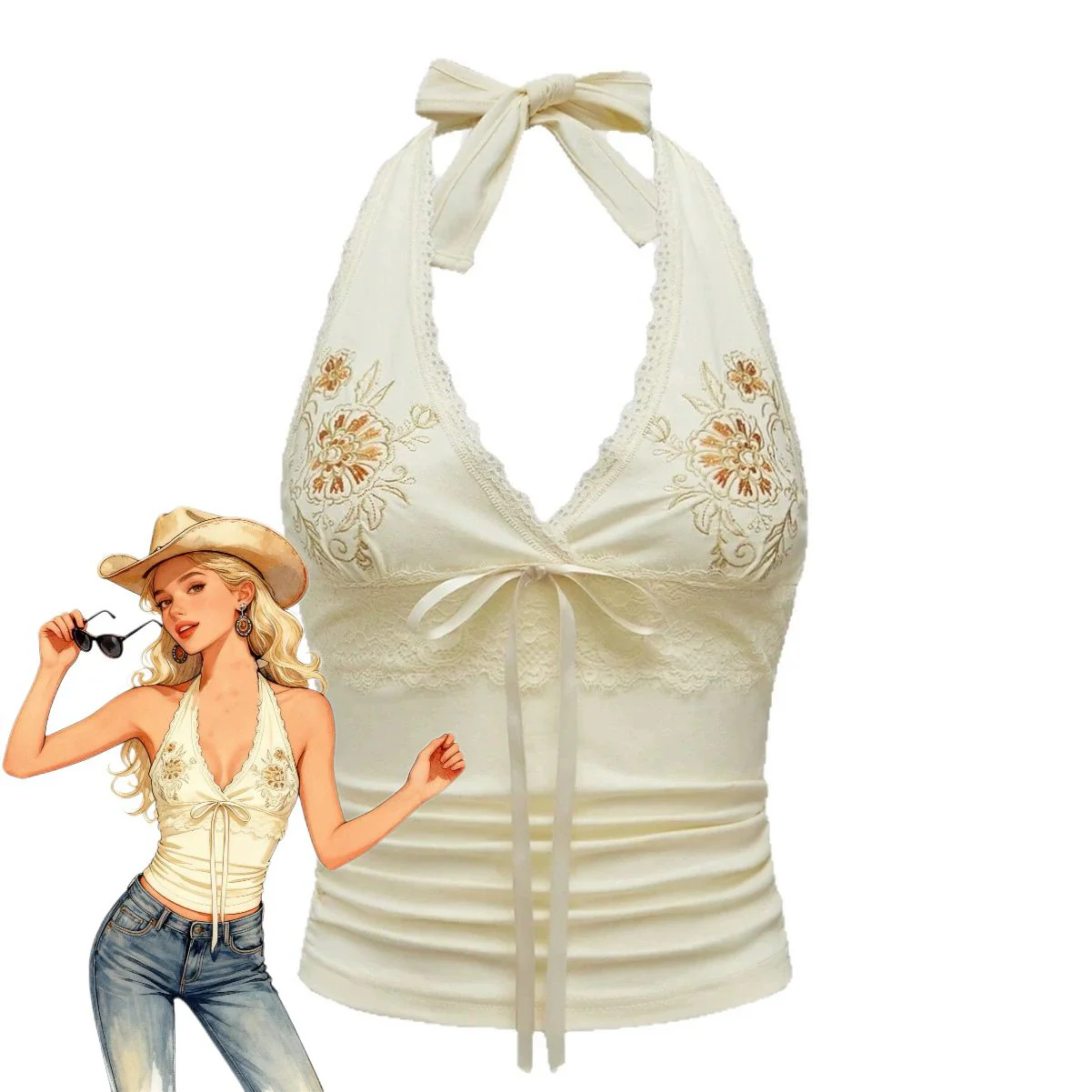 Elfenbein 1980er Bestickt Spitze Blumen Halter Top