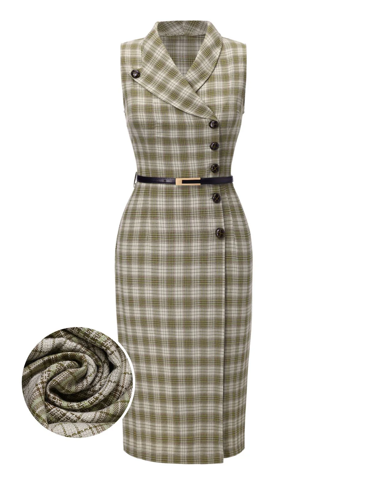 Erbsengrün 1960er Revers Geknöpft Tartan Kleid - Image 2