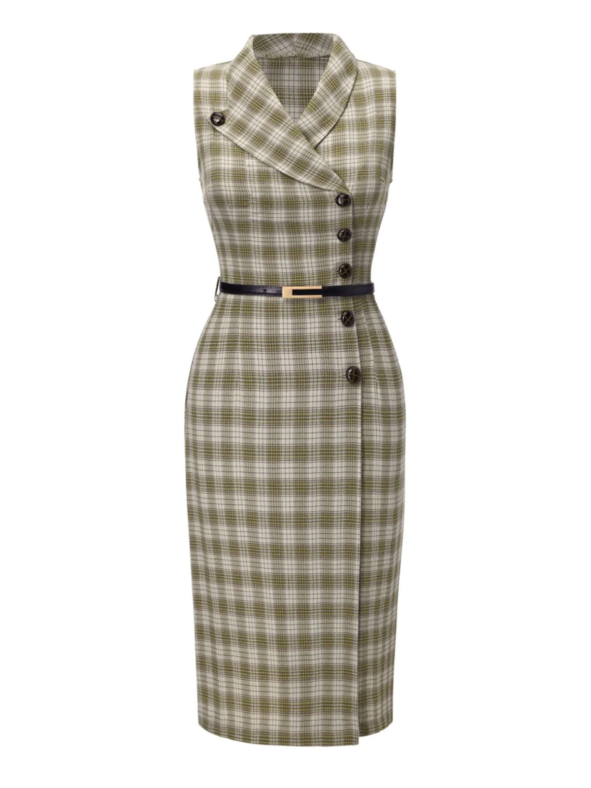 Erbsengrün 1960er Revers Geknöpft Tartan Kleid - Image 3