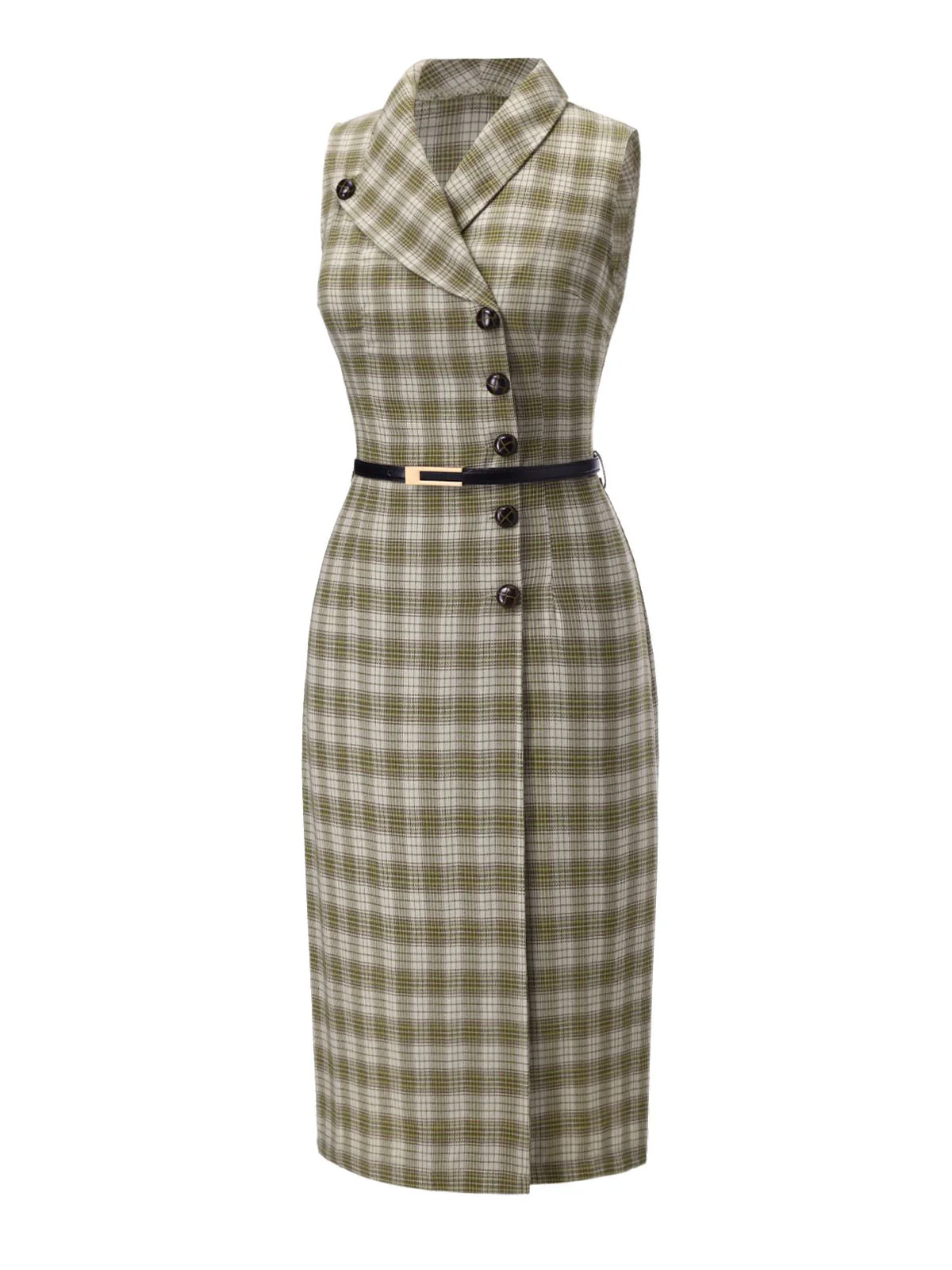 Erbsengrün 1960er Revers Geknöpft Tartan Kleid - Image 4