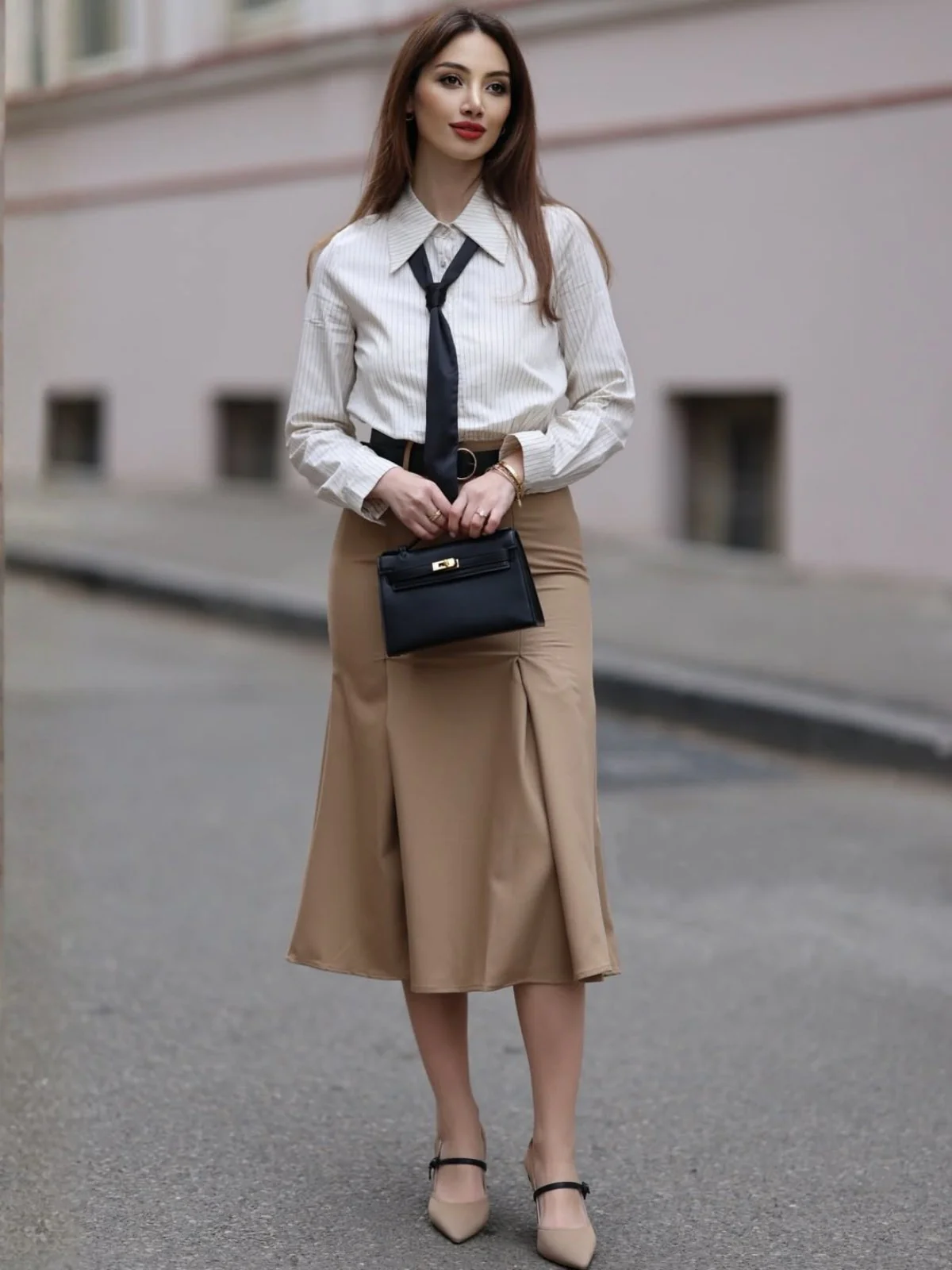 Evelyn Carnahan Outfit Khaki 1930er Streifen Revers Abnehmbare Krawatte Kleid - Image 2