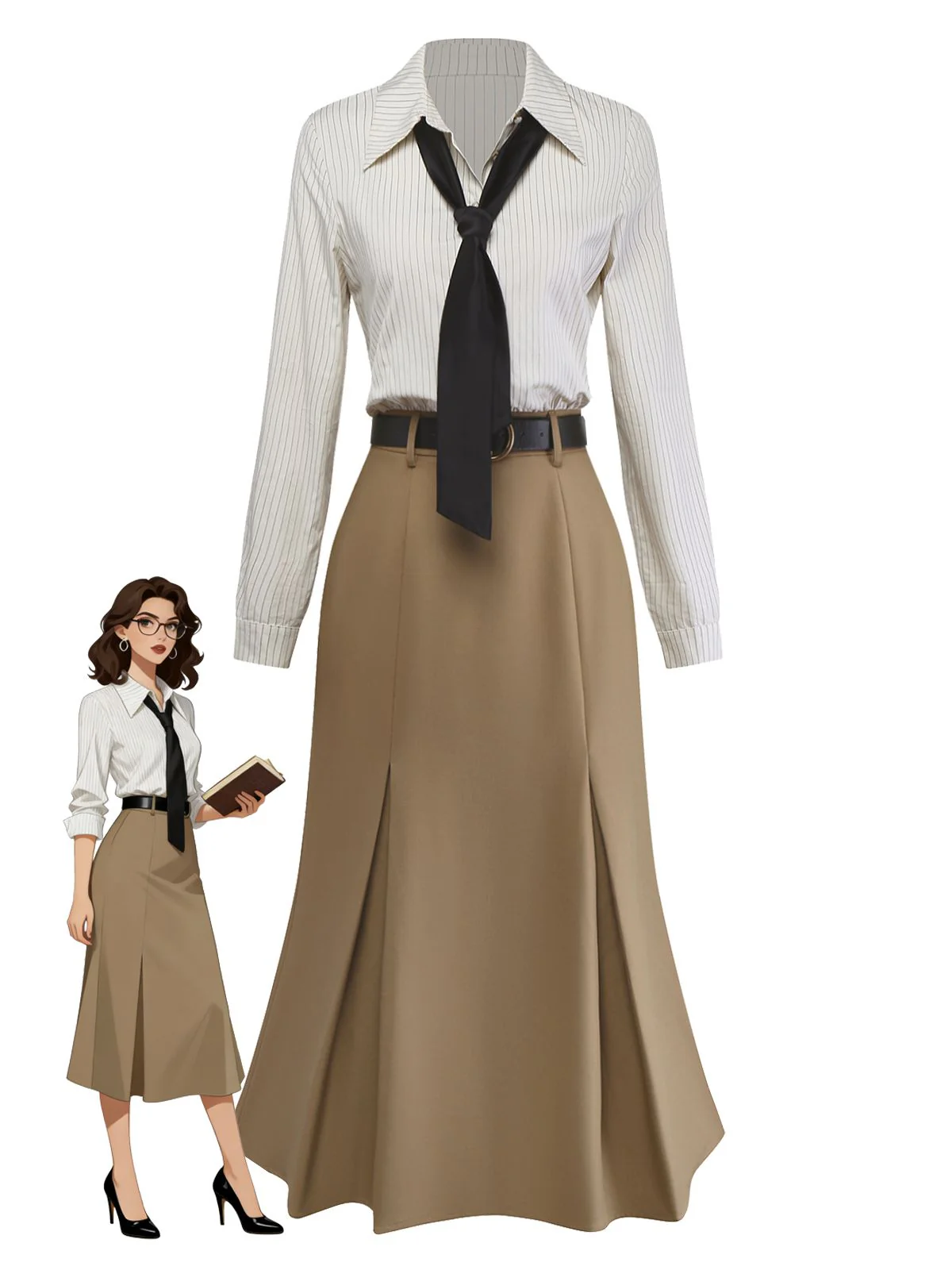 Evelyn Carnahan Outfit Khaki 1930er Streifen Revers Abnehmbare Krawatte Kleid - Image 4