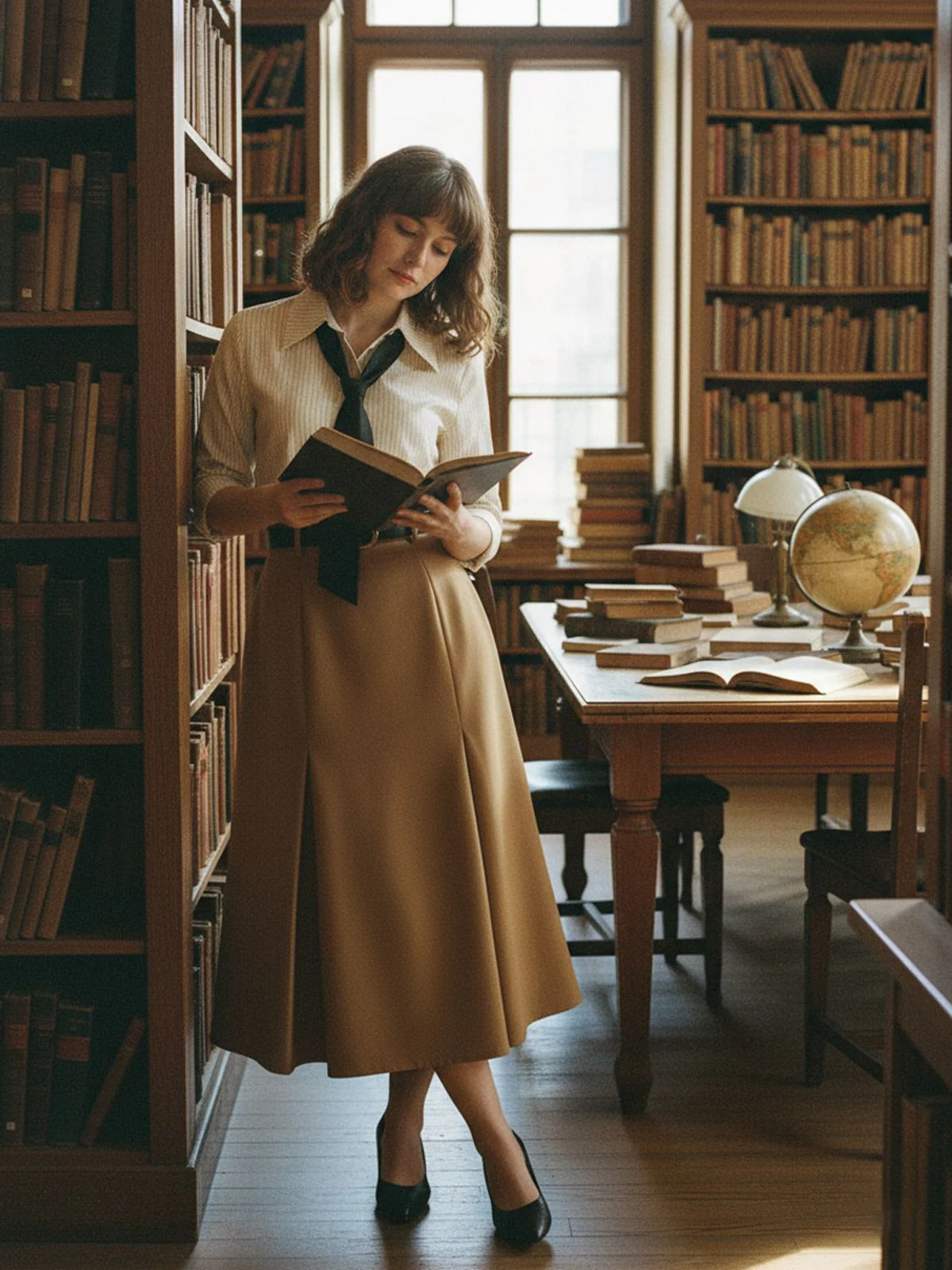 Evelyn Carnahan Outfit Khaki 1930er Streifen Revers Abnehmbare Krawatte Kleid - Image 5