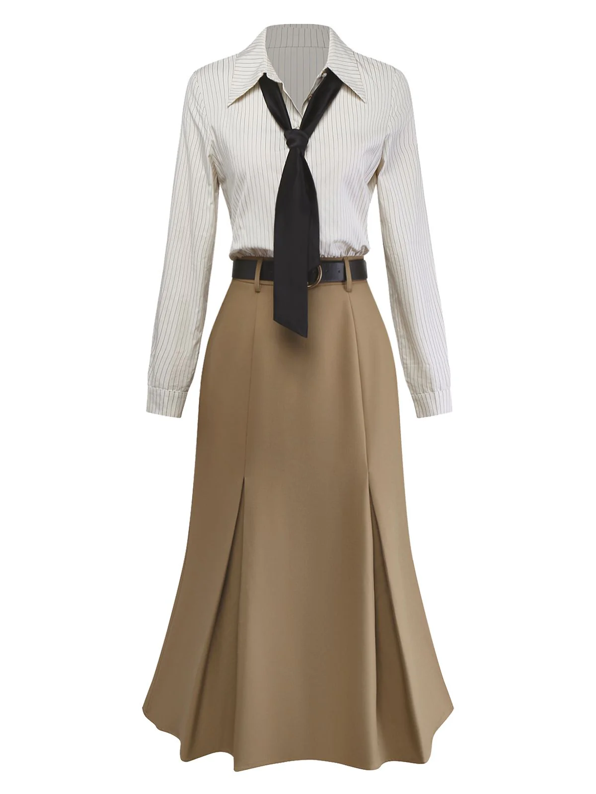 Evelyn Carnahan Outfit Khaki 1930er Streifen Revers Abnehmbare Krawatte Kleid - Image 7