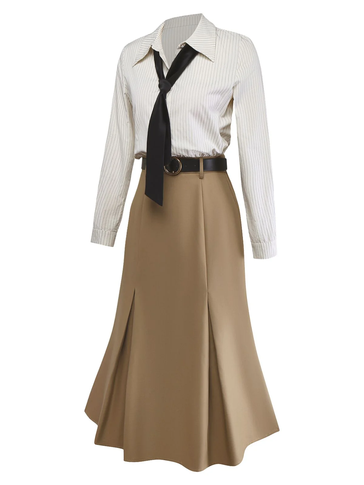 Evelyn Carnahan Outfit Khaki 1930er Streifen Revers Abnehmbare Krawatte Kleid - Image 8