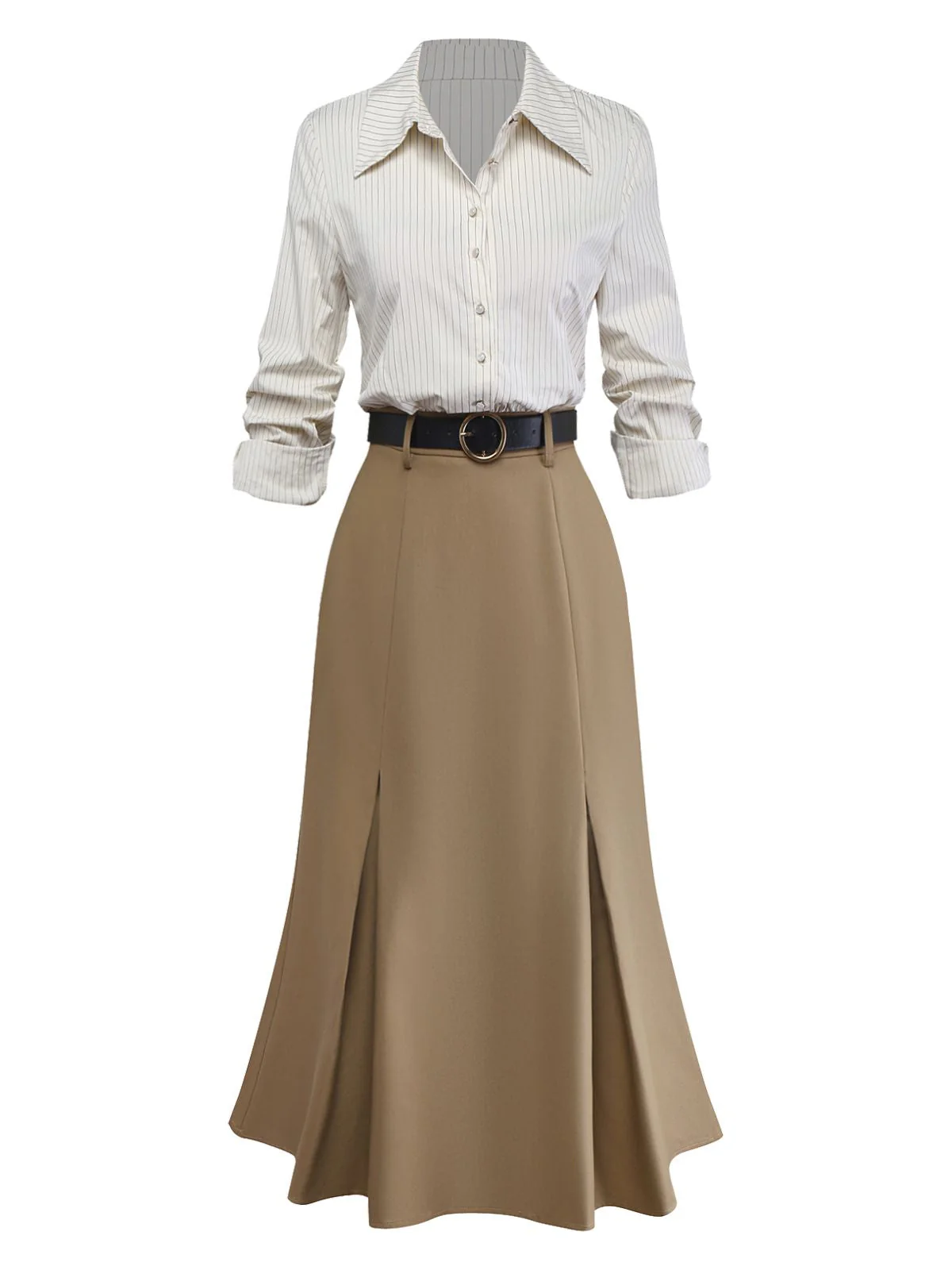 Evelyn Carnahan Outfit Khaki 1930er Streifen Revers Abnehmbare Krawatte Kleid - Image 9
