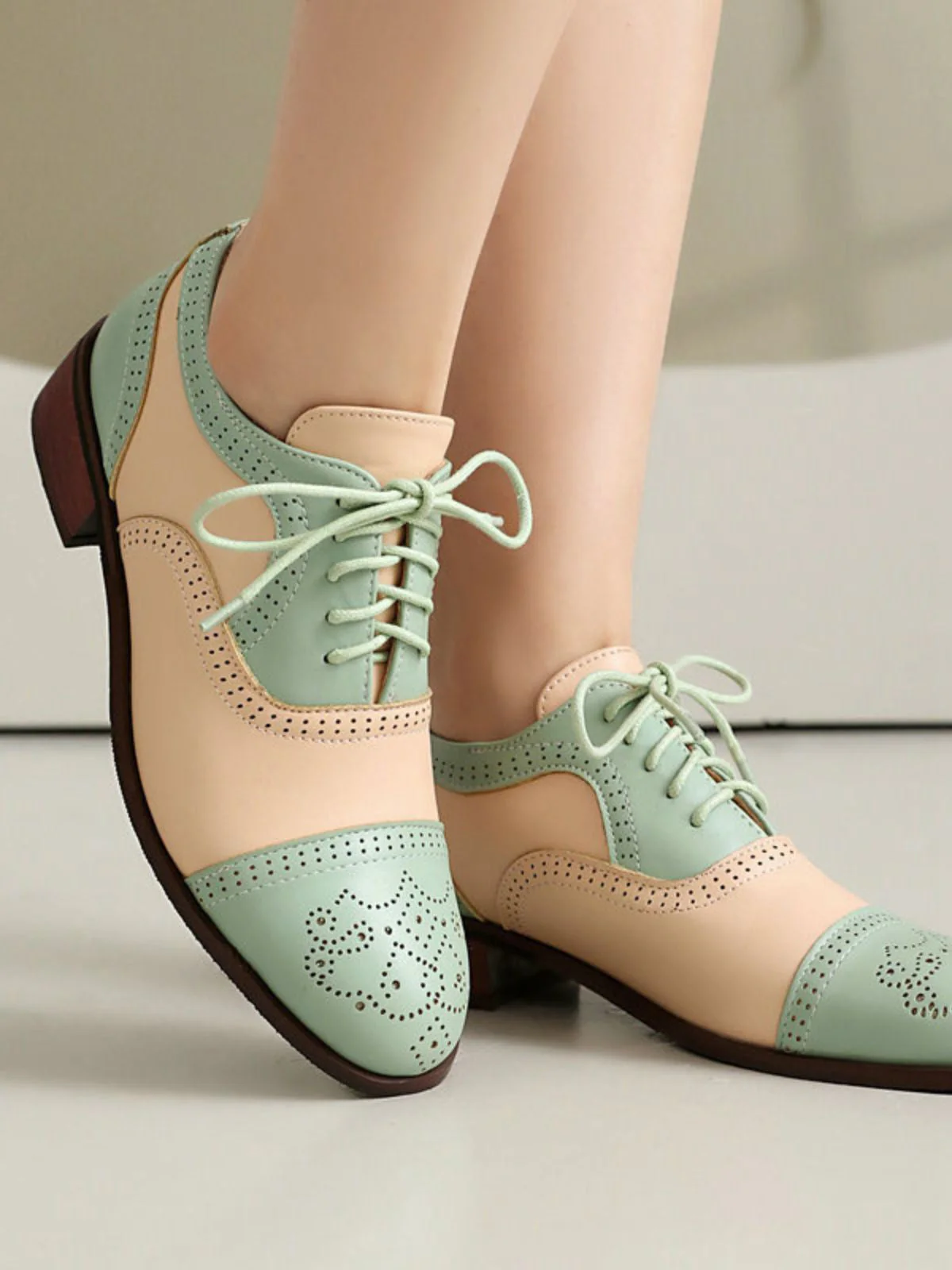 Farbblock Leder Runden Zehe Strappy Oxford Schuhe - Image 5