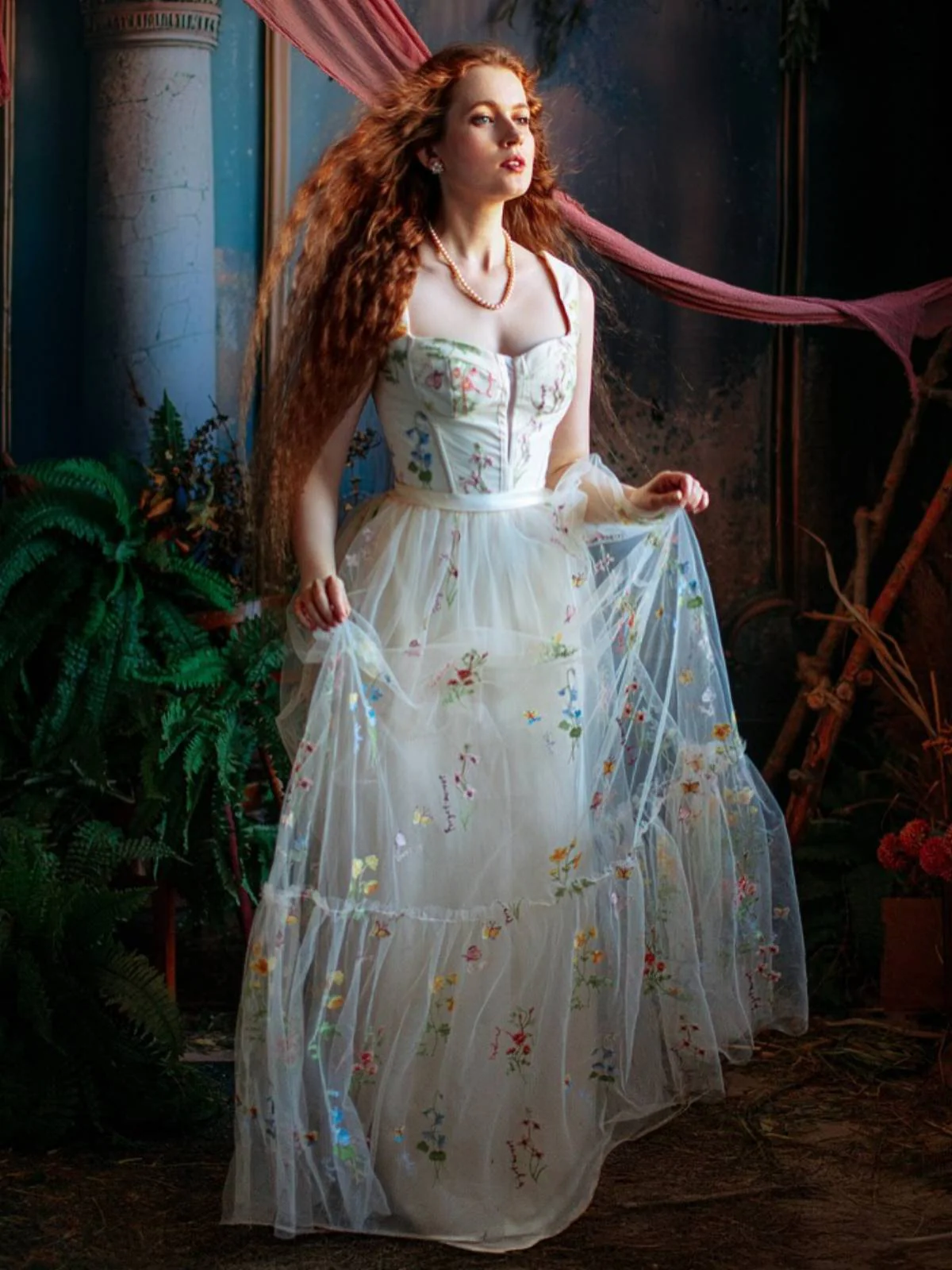 Gelb 1930er Blumen Netz StĂ€bchen SchnĂŒrung Kleid - Image 2