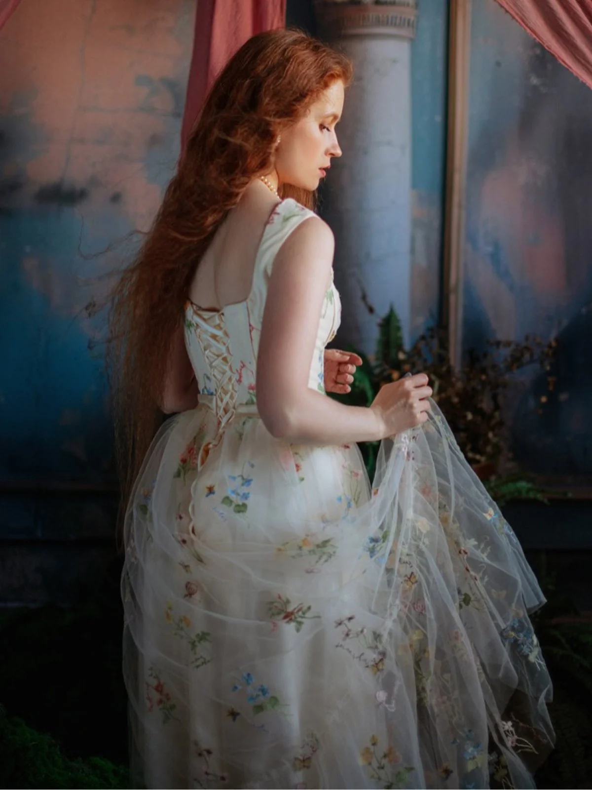 Gelb 1930er Blumen Netz StĂ€bchen SchnĂŒrung Kleid - Image 6