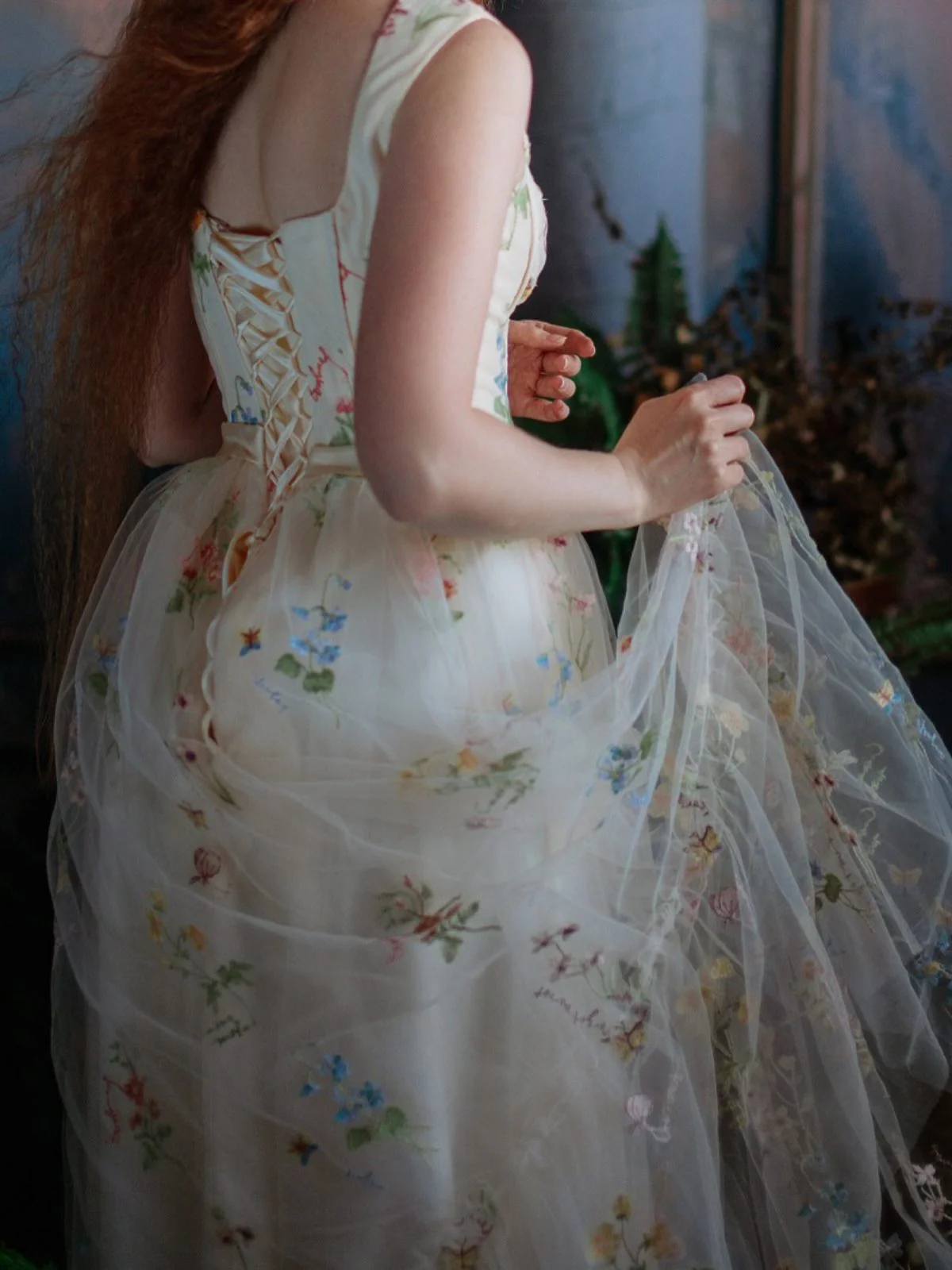 Gelb 1930er Blumen Netz StĂ€bchen SchnĂŒrung Kleid - Image 7