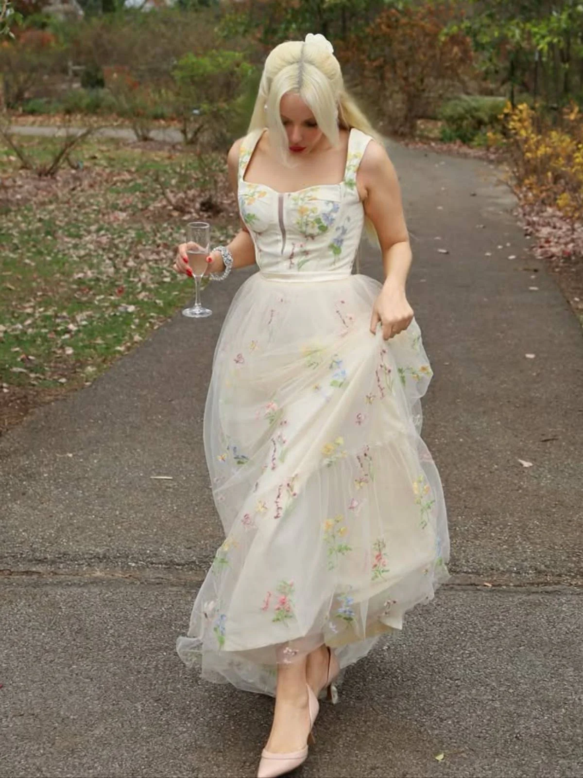Gelb 1930er Blumen Netz StĂ€bchen SchnĂŒrung Kleid - Image 2
