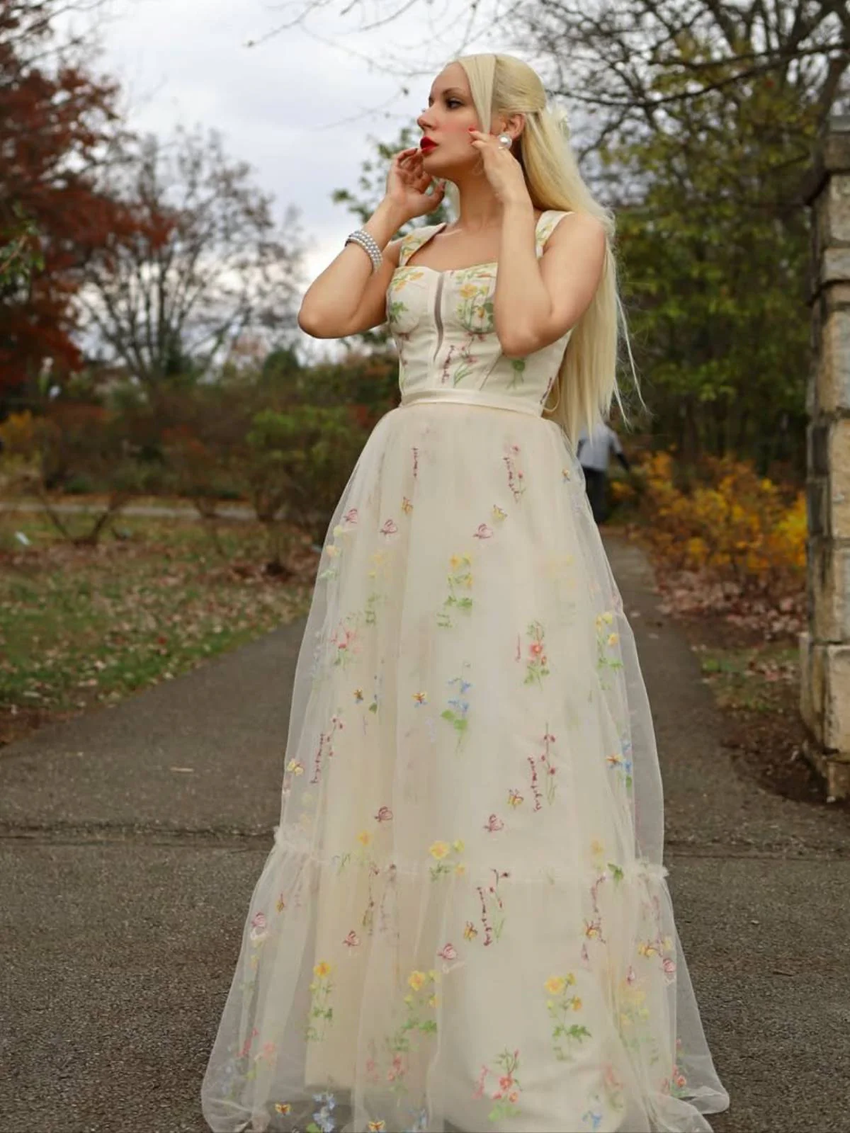 Gelb 1930er Blumen Netz StĂ€bchen SchnĂŒrung Kleid - Image 3