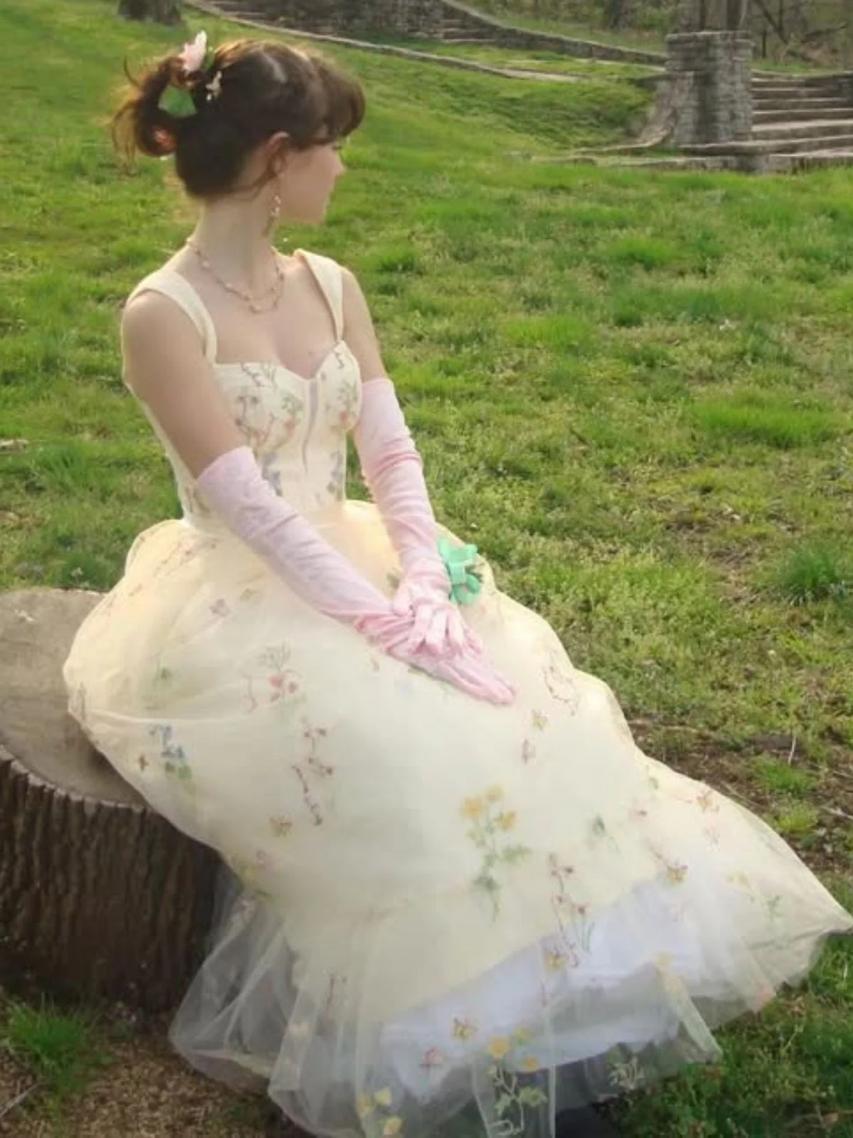 Gelb 1930er Blumen Netz StĂ€bchen SchnĂŒrung Kleid - Image 2