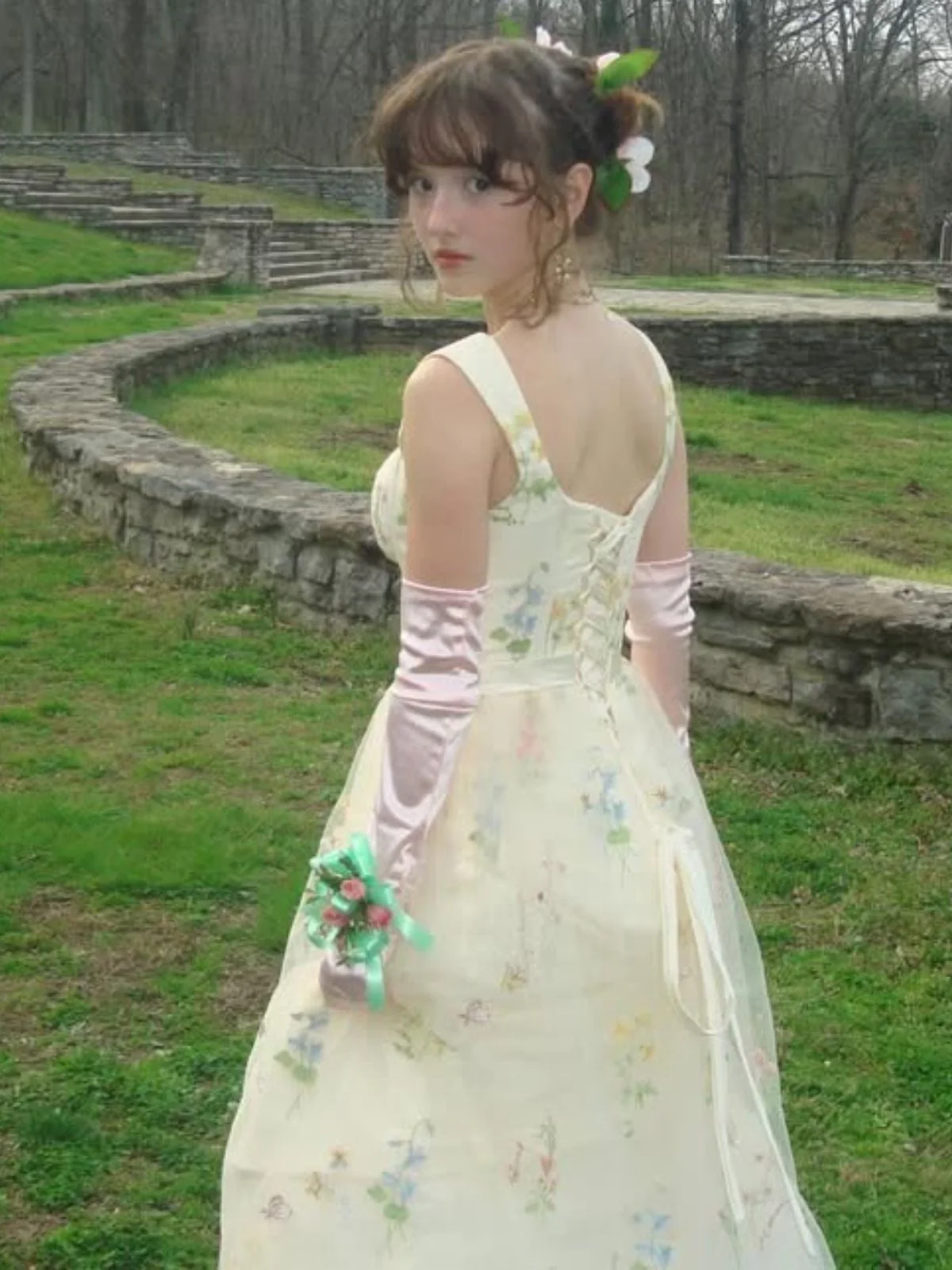 Gelb 1930er Blumen Netz StĂ€bchen SchnĂŒrung Kleid - Image 3