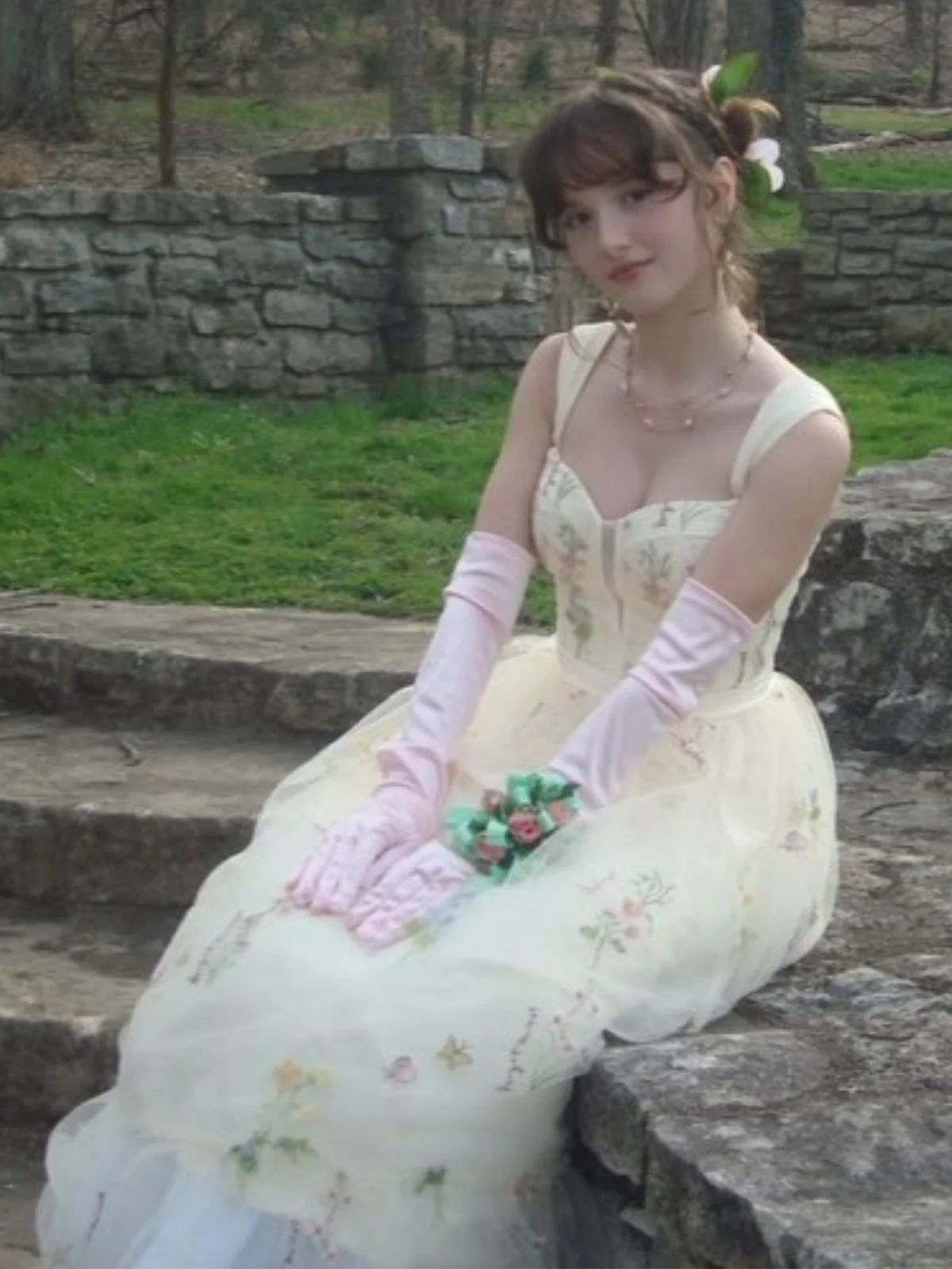 Gelb 1930er Blumen Netz StĂ€bchen SchnĂŒrung Kleid - Image 4