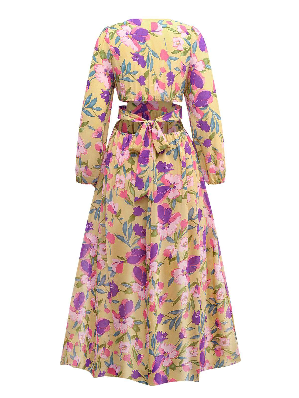 Gelb 1930er Blumen Rüschen Tief V-Ausschnitt Ausgeschnitten Kleid - Image 2