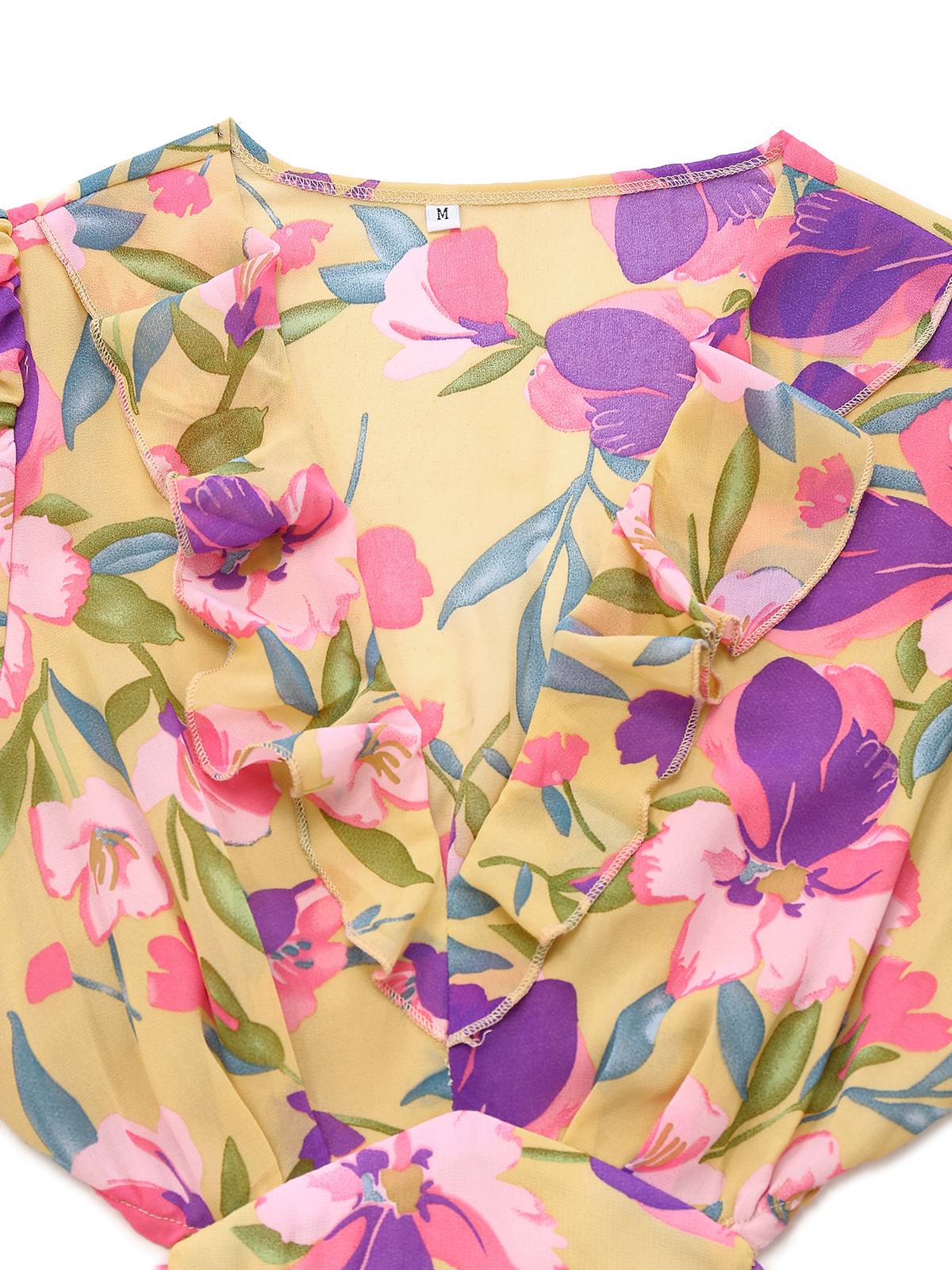 Gelb 1930er Blumen Rüschen Tief V-Ausschnitt Ausgeschnitten Kleid - Image 3