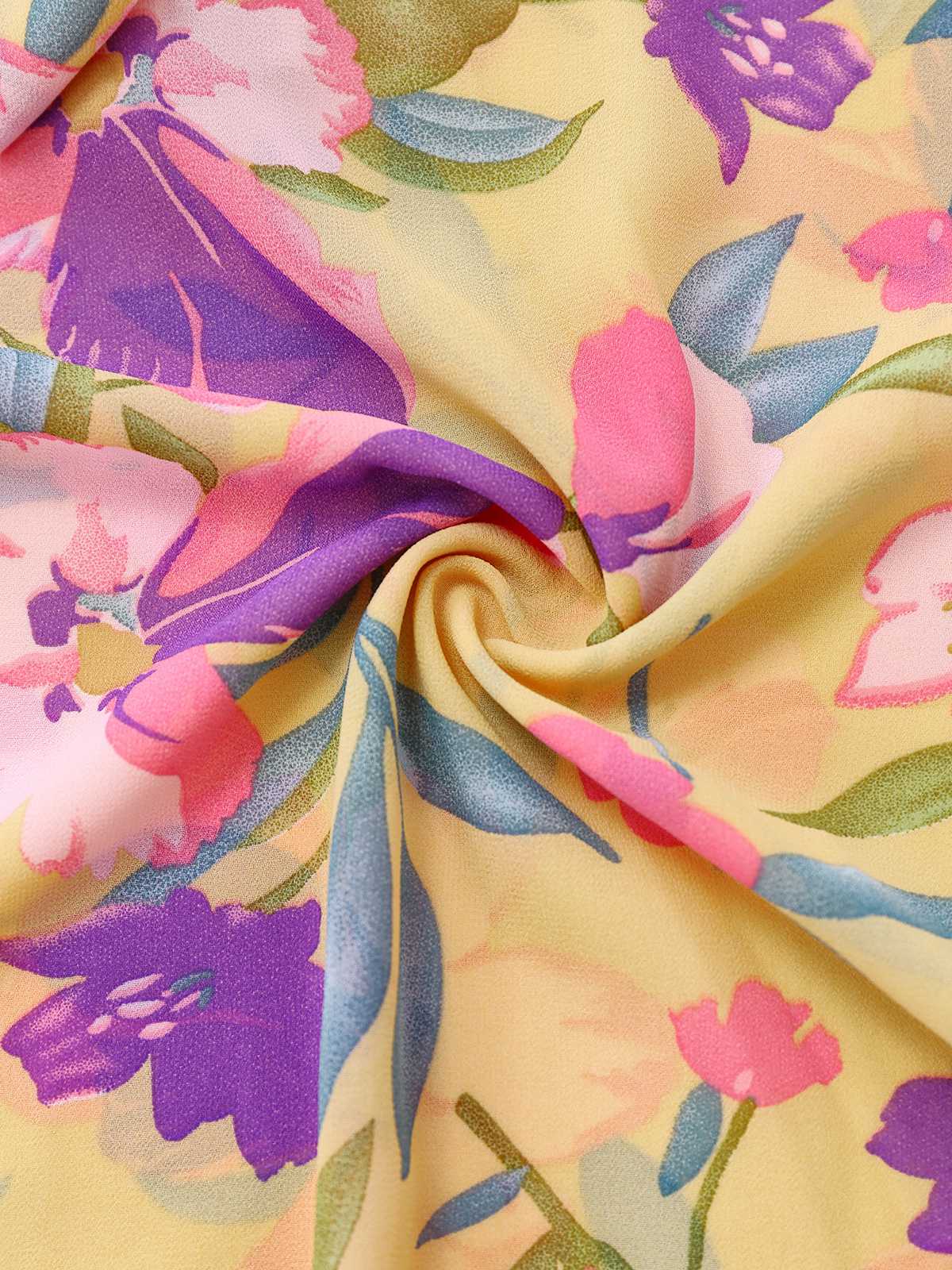 Gelb 1930er Blumen Rüschen Tief V-Ausschnitt Ausgeschnitten Kleid - Image 5