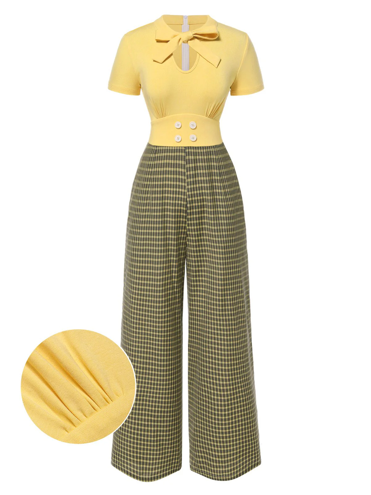 Gelb 1930er Plaid Schlüsselloch-Ausschnitt Jumpsuit - Image 2