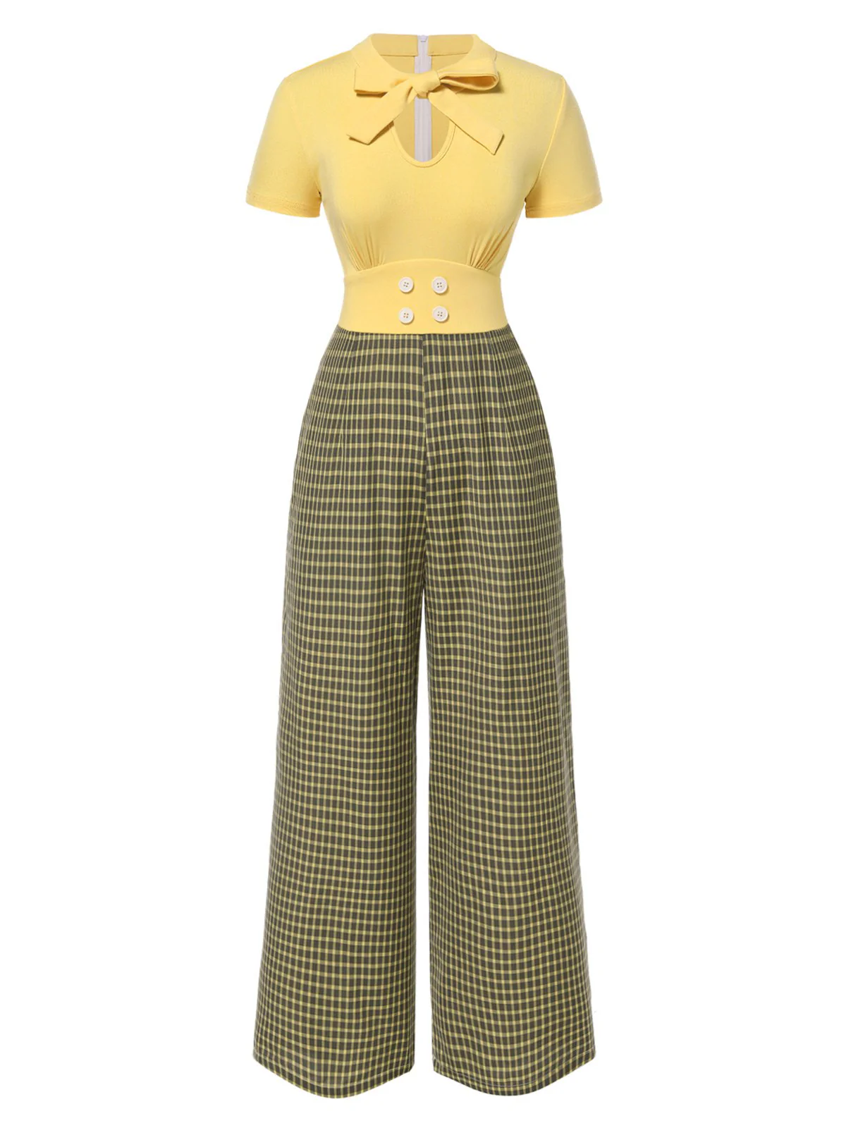 Gelb 1930er Plaid Schlüsselloch-Ausschnitt Jumpsuit - Image 3