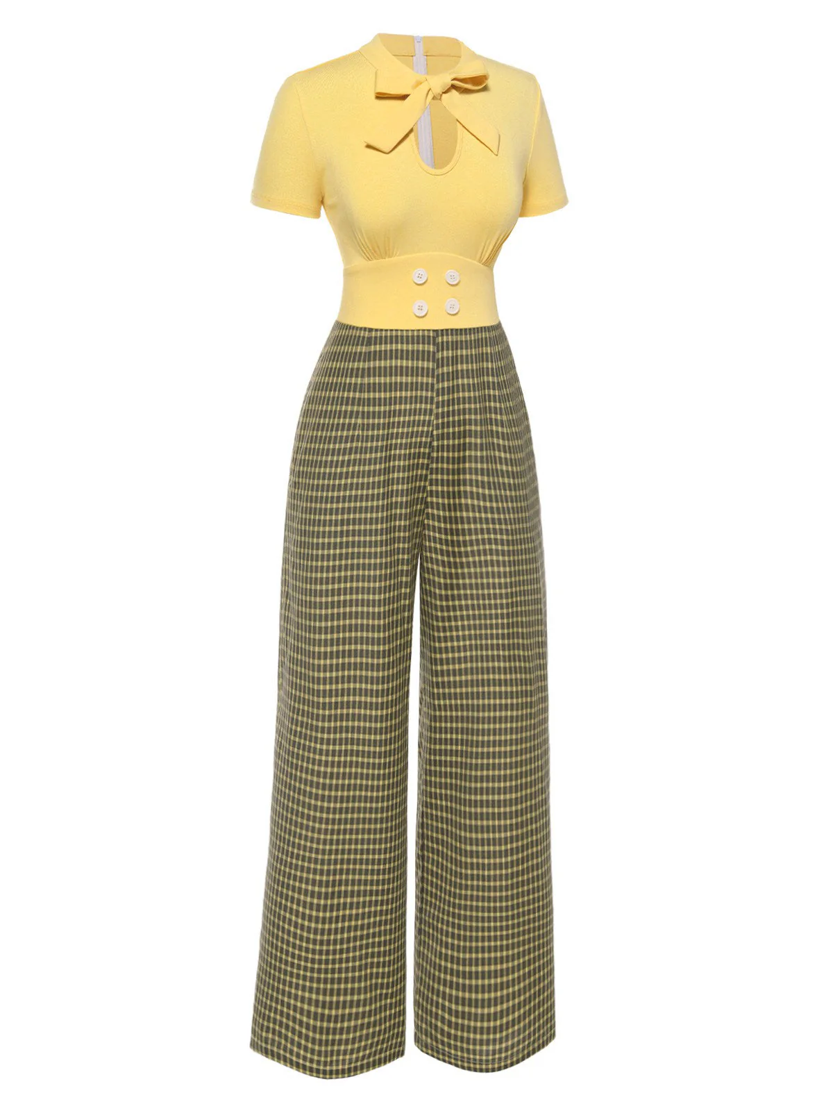 Gelb 1930er Plaid Schlüsselloch-Ausschnitt Jumpsuit - Image 4