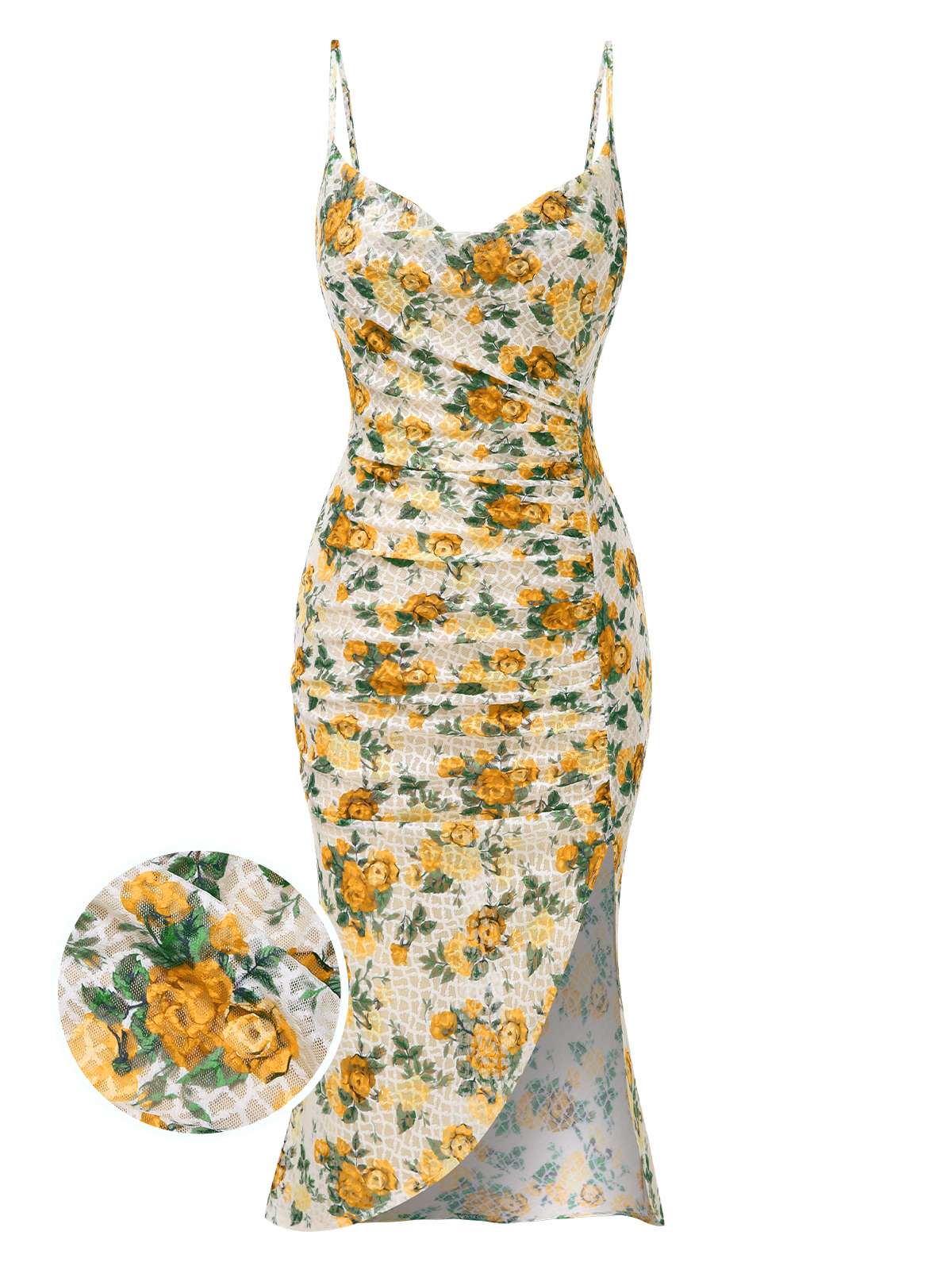 Gelb 1930er Roses Wasserfallausschnitt Fischschwanz Gerüschtes Kleid - Image 3