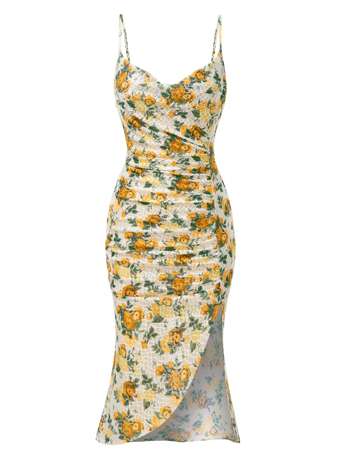 Gelb 1930er Roses Wasserfallausschnitt Fischschwanz Gerüschtes Kleid - Image 4