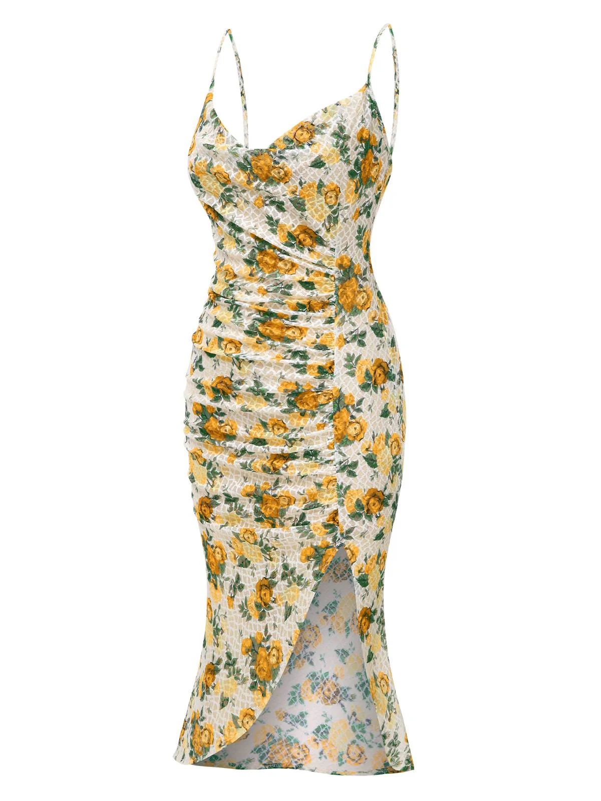 Gelb 1930er Roses Wasserfallausschnitt Fischschwanz Gerüschtes Kleid - Image 5