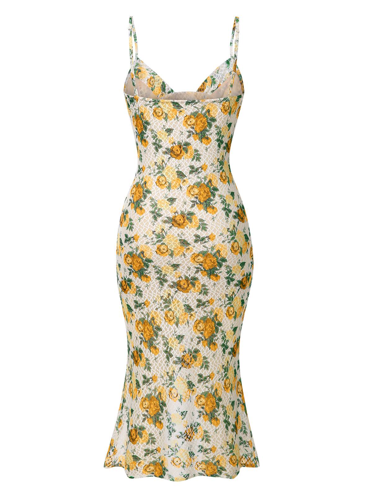 Gelb 1930er Roses Wasserfallausschnitt Fischschwanz Gerüschtes Kleid - Image 6
