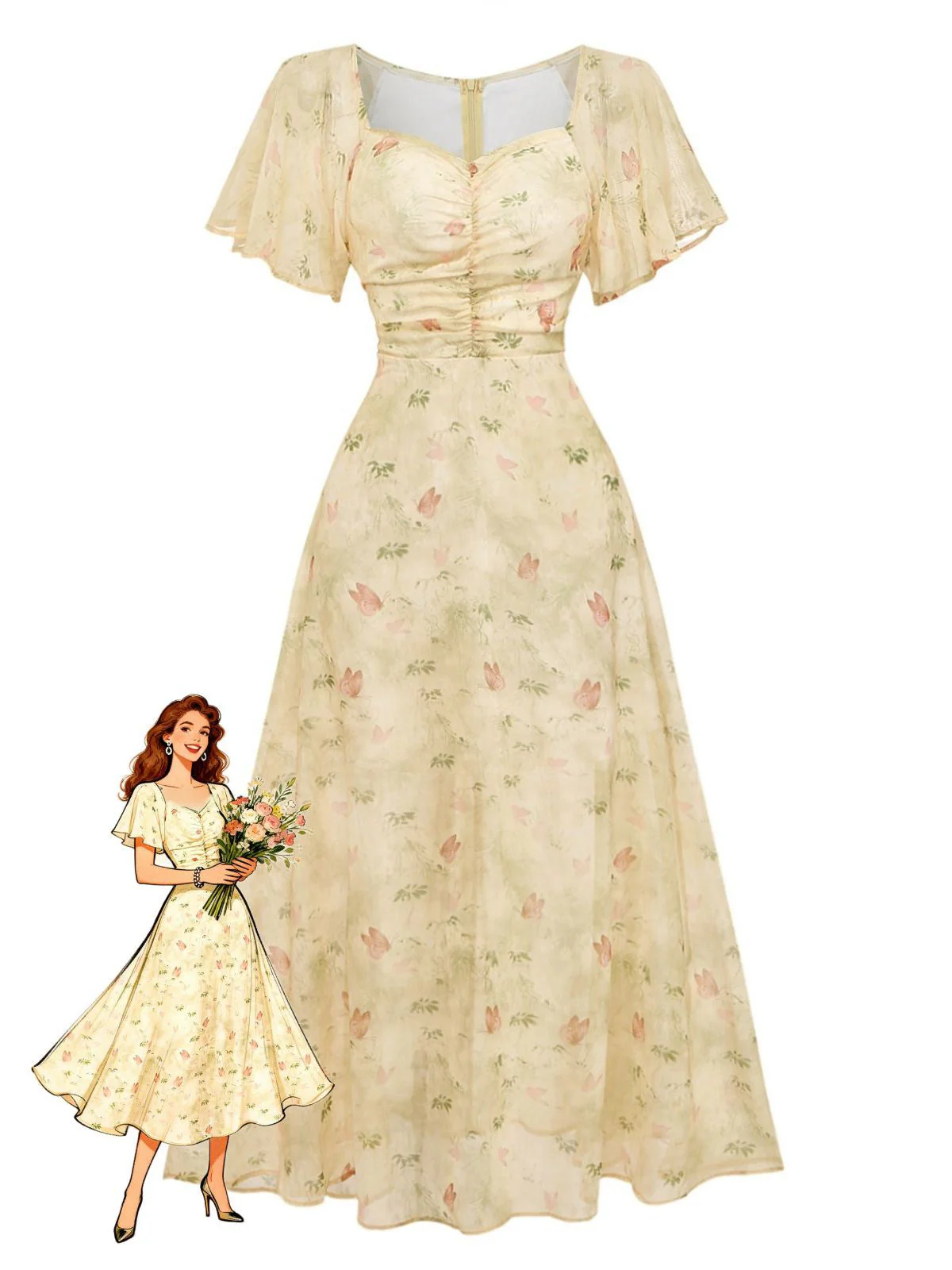 Gelb 1930er Schmetterling Flatterärmel Chiffon Kleid