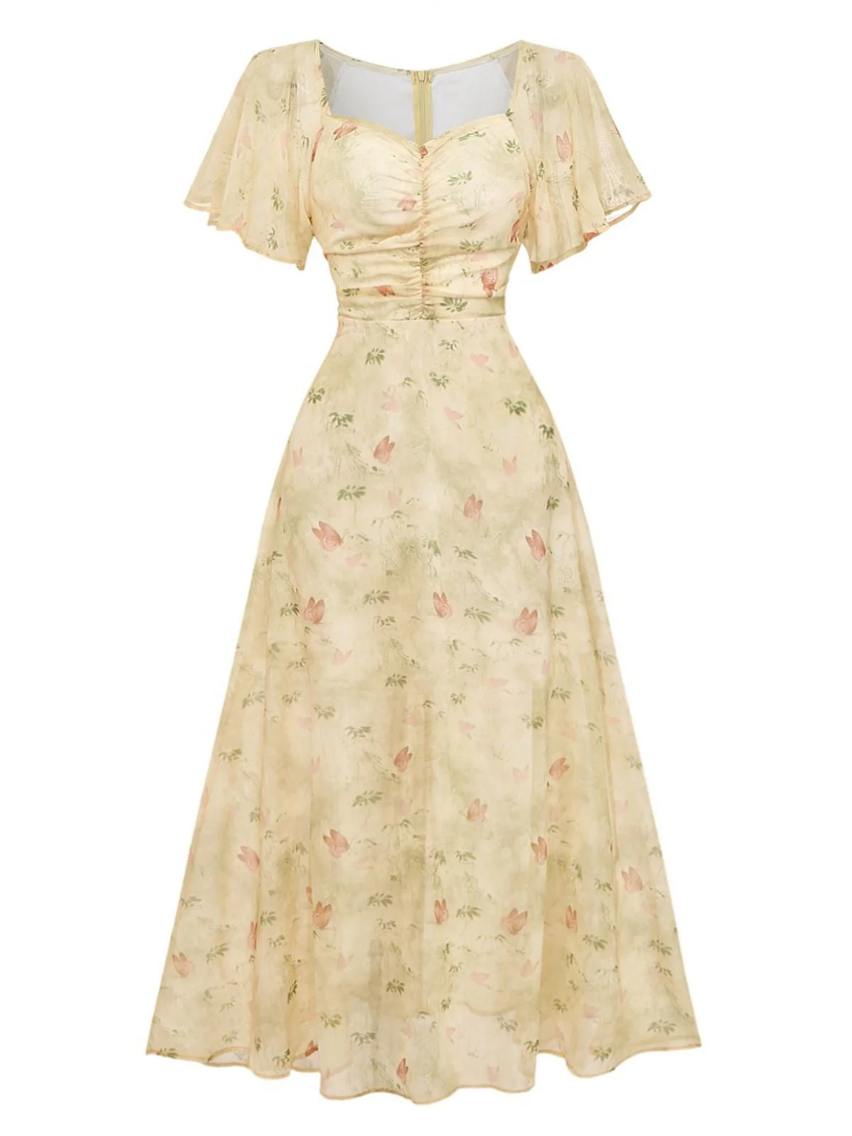 Gelb 1930er Schmetterling Flatterärmel Chiffon Kleid - Image 2