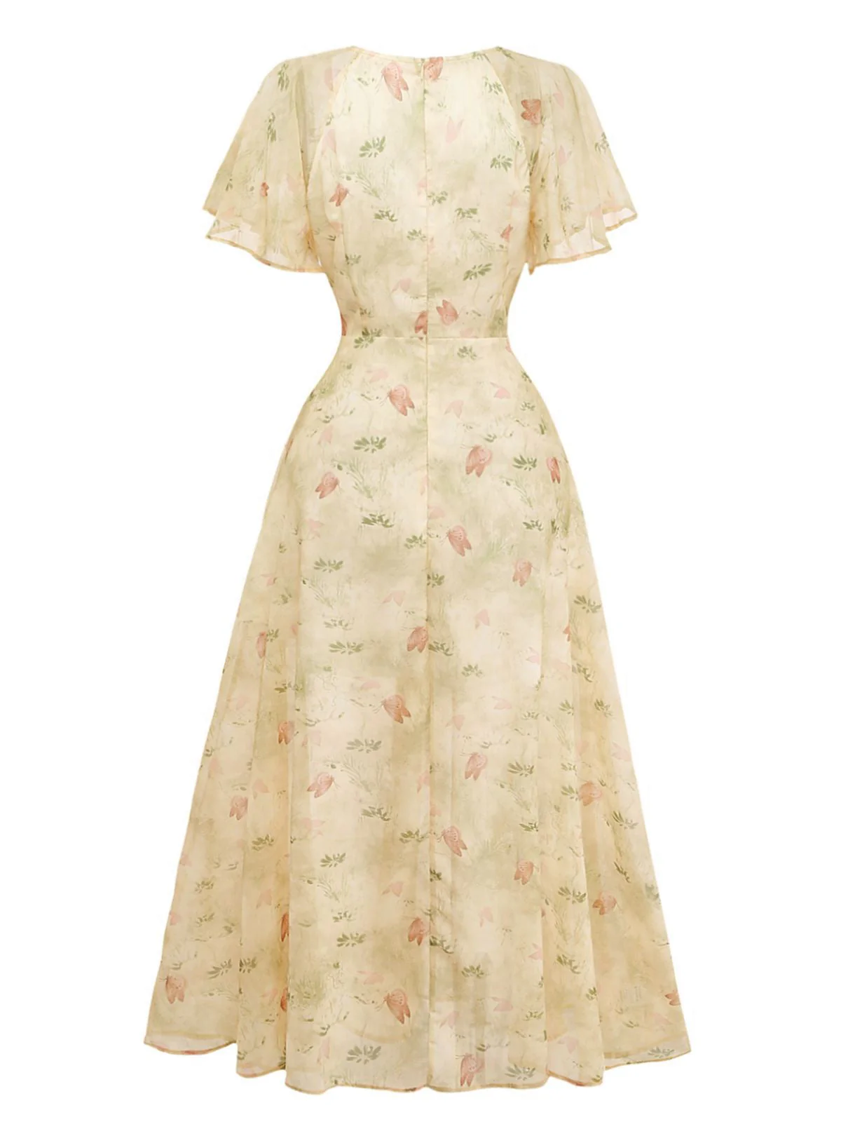 Gelb 1930er Schmetterling Flatterärmel Chiffon Kleid - Image 3