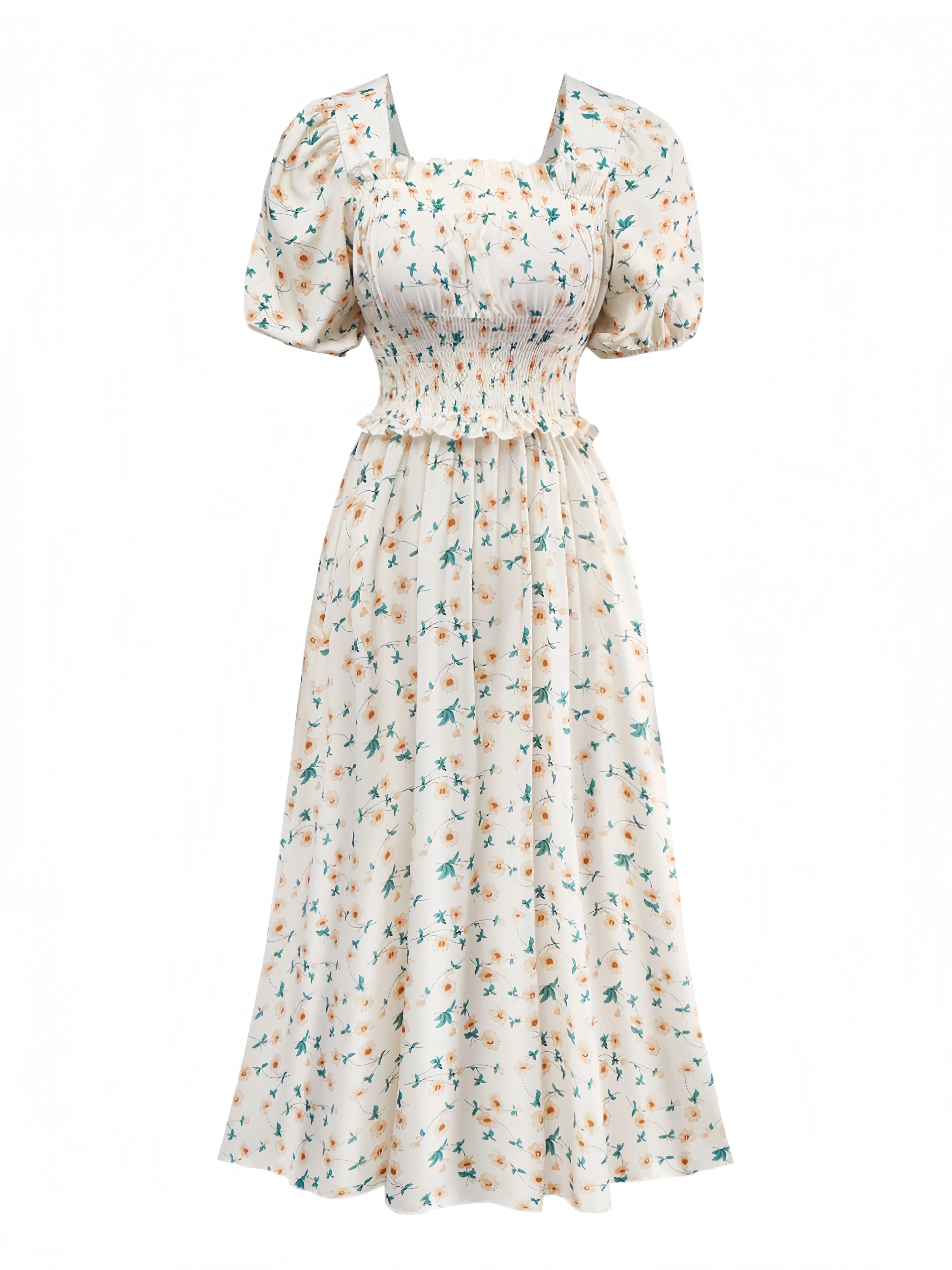 Gelb 1940er Blumen Quadratischer Hals Kleid