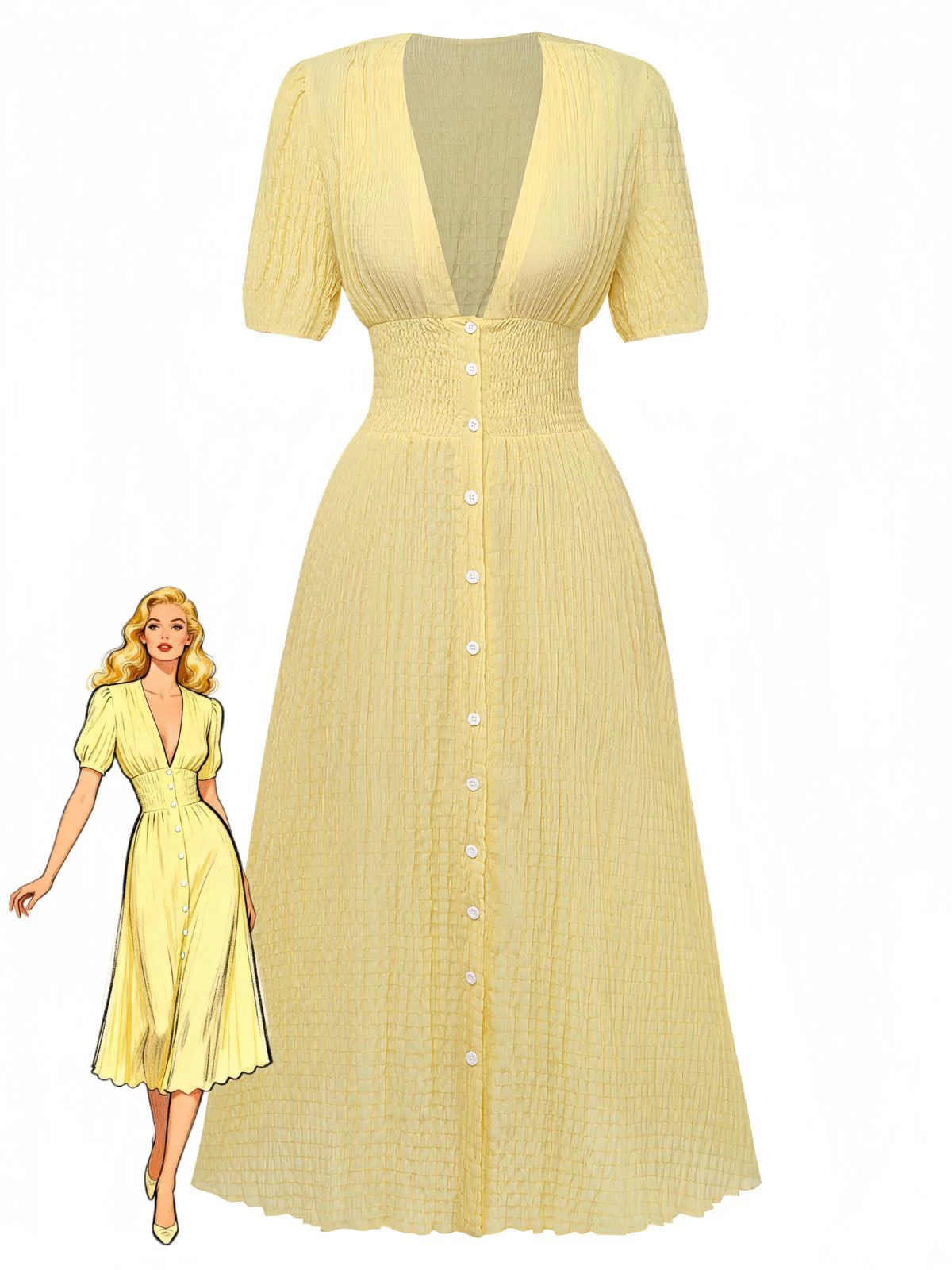 Gelb 1940er Puffärmel Durchgeknöpft Midi Kleid