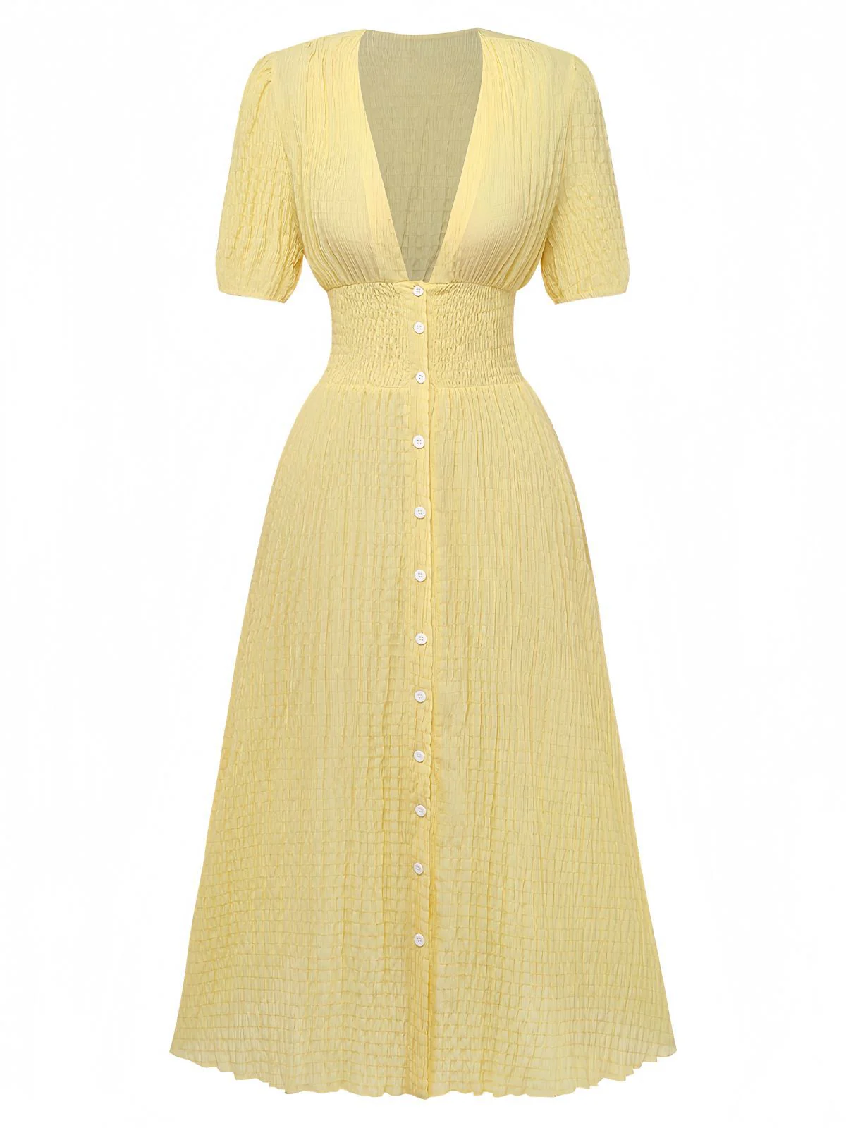 Gelb 1940er Puffärmel Durchgeknöpft Midi Kleid - Image 2