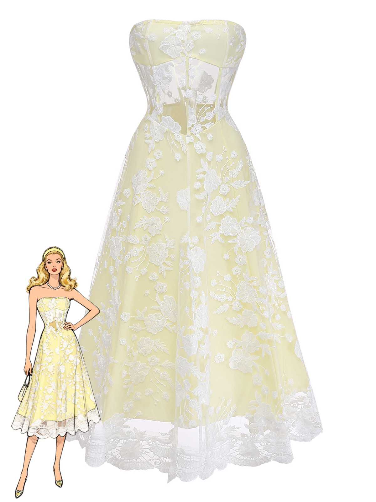 Gelb 1950er Blumen Bestickt Spitze Transparent Trägerloses Kleid